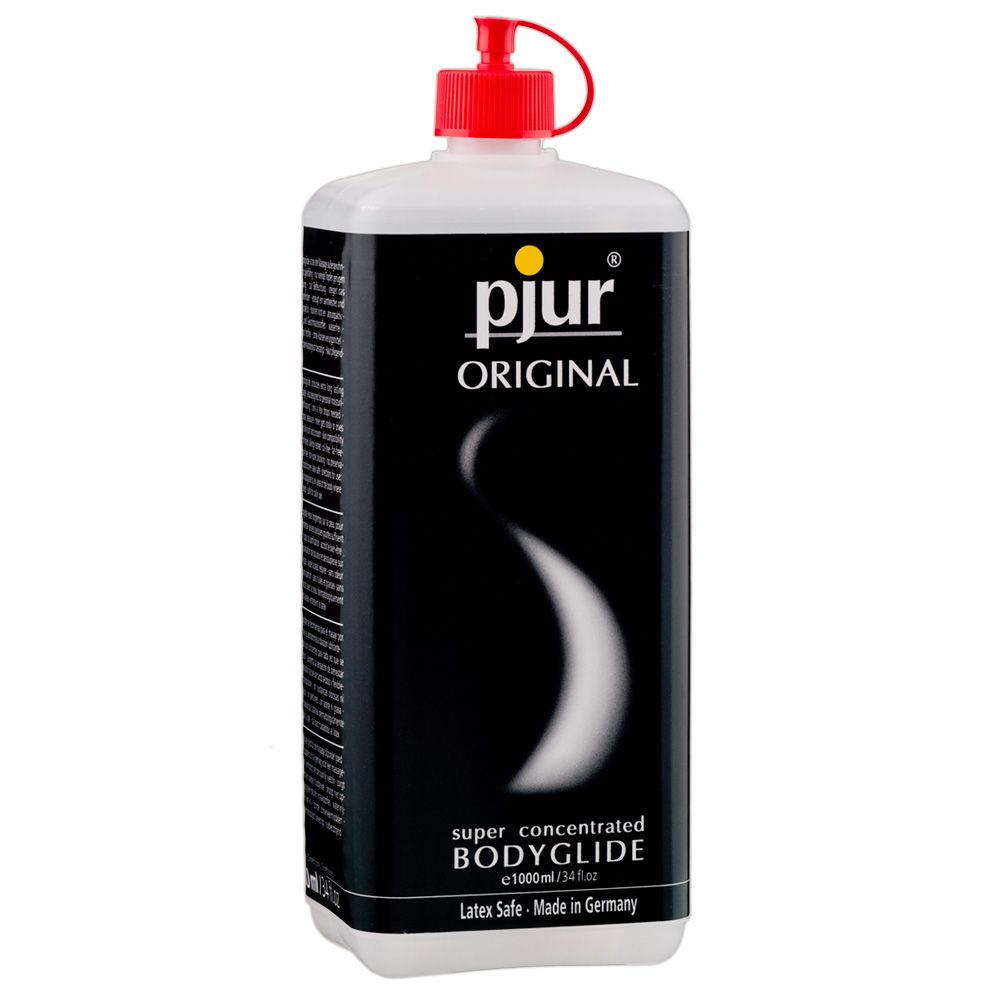 Weiße Flasche mit rotem Deckel. Aufschrift: pjur BODYGLIDE, SILICONE personal lubricant, super concentrated no fragrance, Latex Safe.