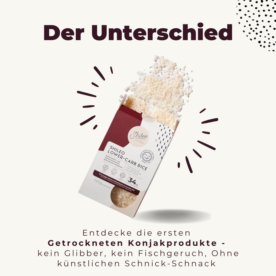 SHILEO Lower-Carb Reis in einer geöffneten Verpackung. Text: Entdecke die ersten getrockneten Konjakprodukte - kein Glibber, kein Fischgeruch.