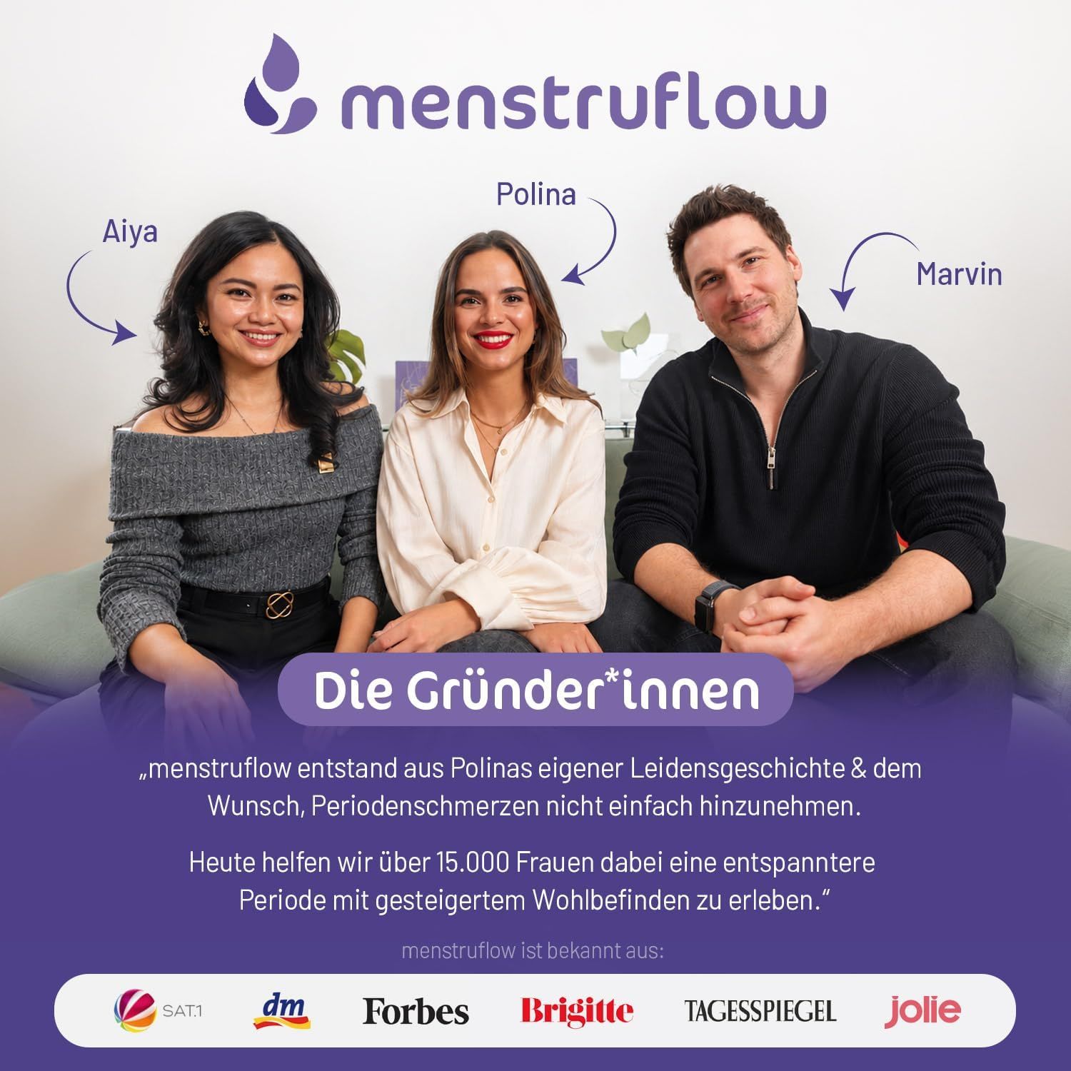 Die Gründer*innen von menstruflow: Aiya, Polina und Marvin. Das Unternehmen hilft Frauen mit entspannterer Periode.