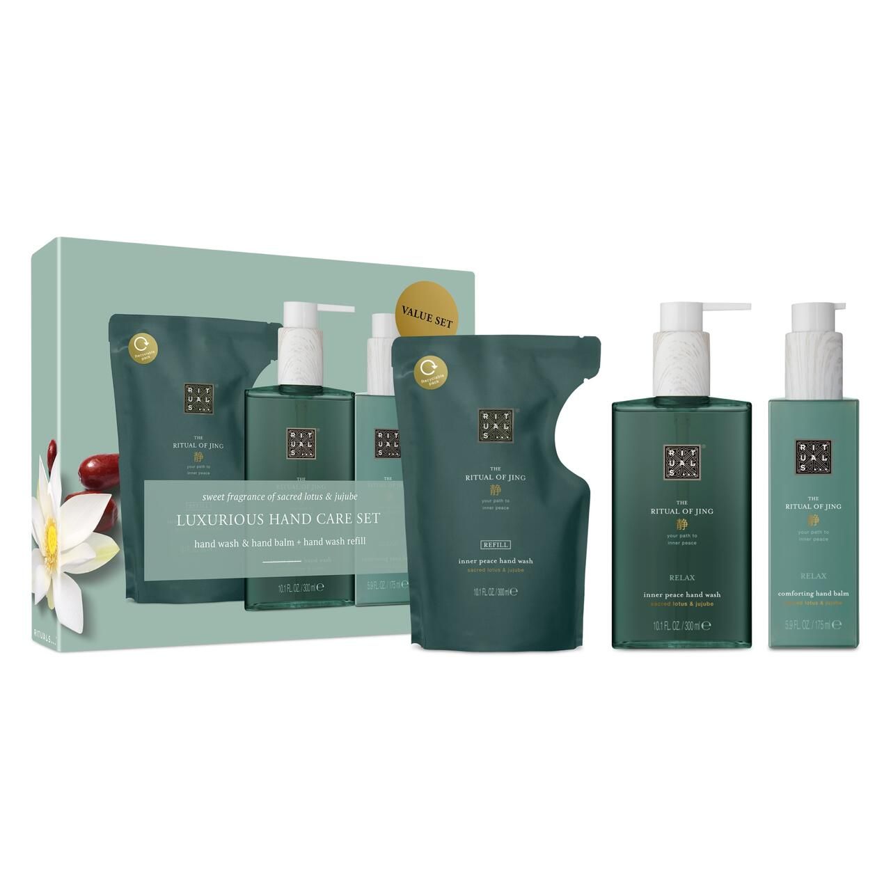 Geschenkset mit Handwaschmittel, Handbalsam und Nachfüllpackung. Grüne Flaschen mit weißen Pumpen. Aufschrift: Rituals.