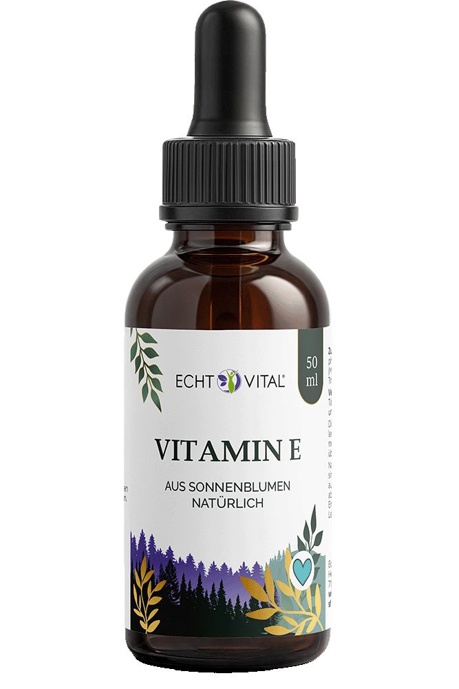 Braune Glasflasche mit Pipette, Etikett zeigt 'VITAMIN E AUS SONNENBLUMEN NATÜRLICH' und 50 ml.
