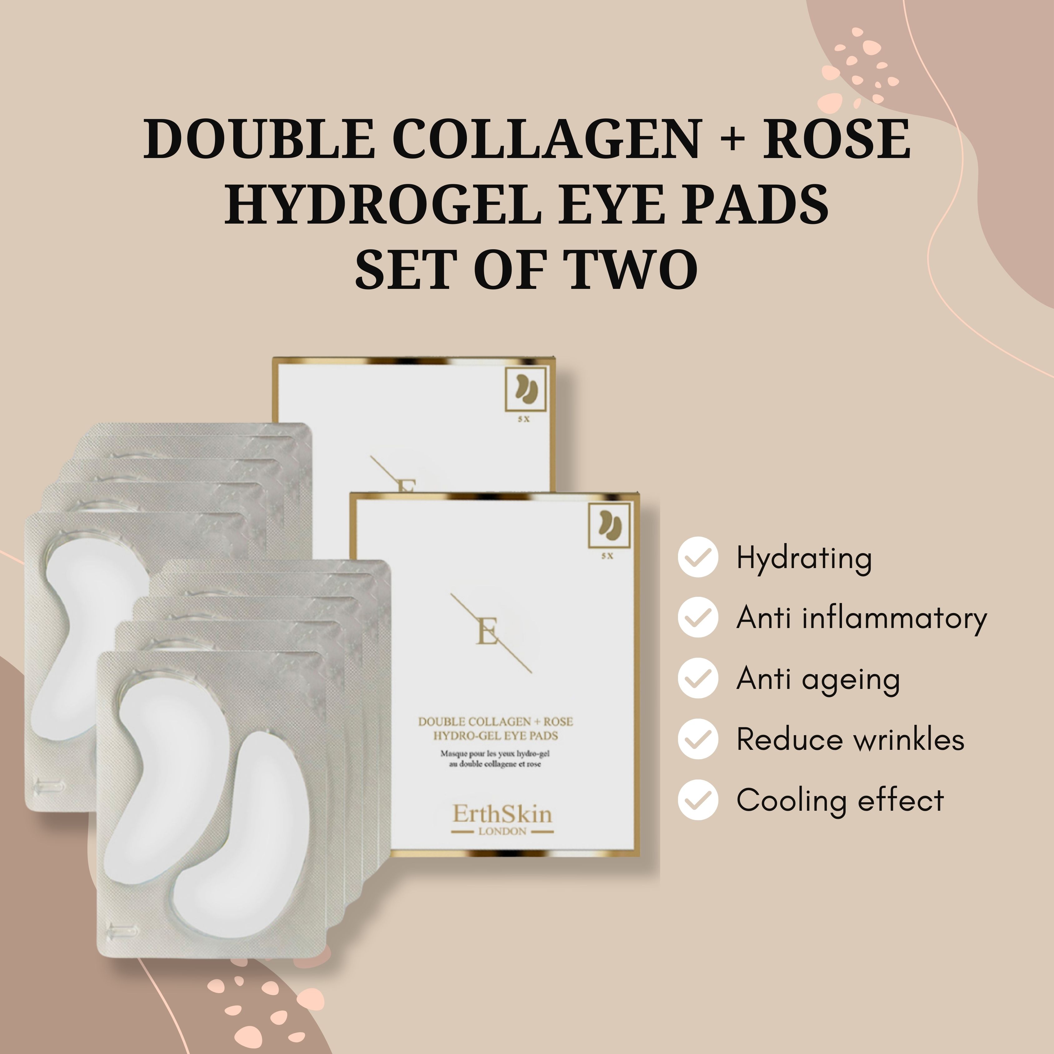 Emballage du produit avec patchs pour les yeux. Texte : Double Collagen + Rose Hydrogel Eye Pads. Patchs blancs en blisters. Cadre doré.