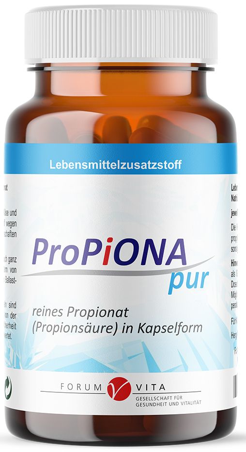 Braune Glasflasche mit weißen Deckel. Aufschrift: ProPiONA pur. Kapseln sichtbar. Label mit Text und Logo.