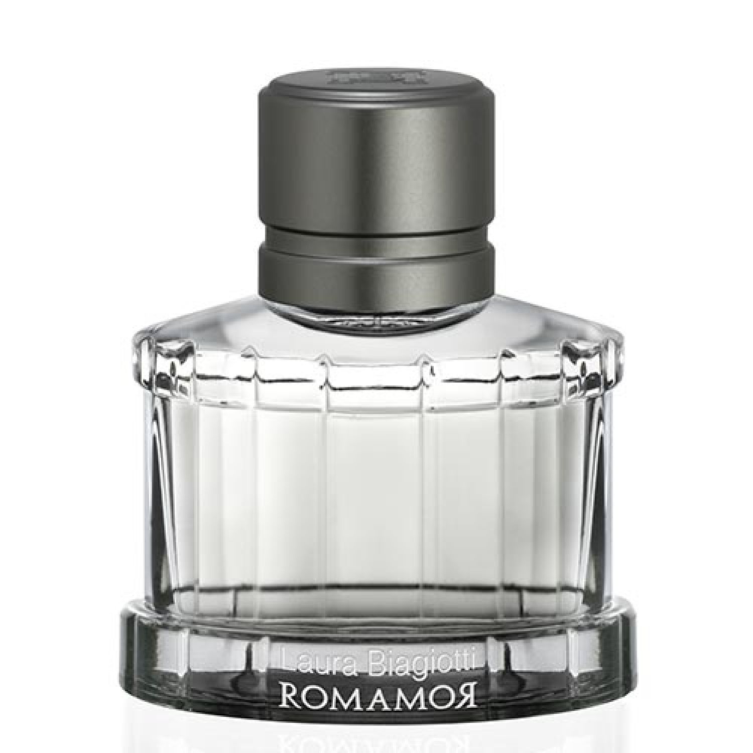 Glasflakon mit grauem Deckel. Aufschrift ROMAMOR. Klarer Inhalt.