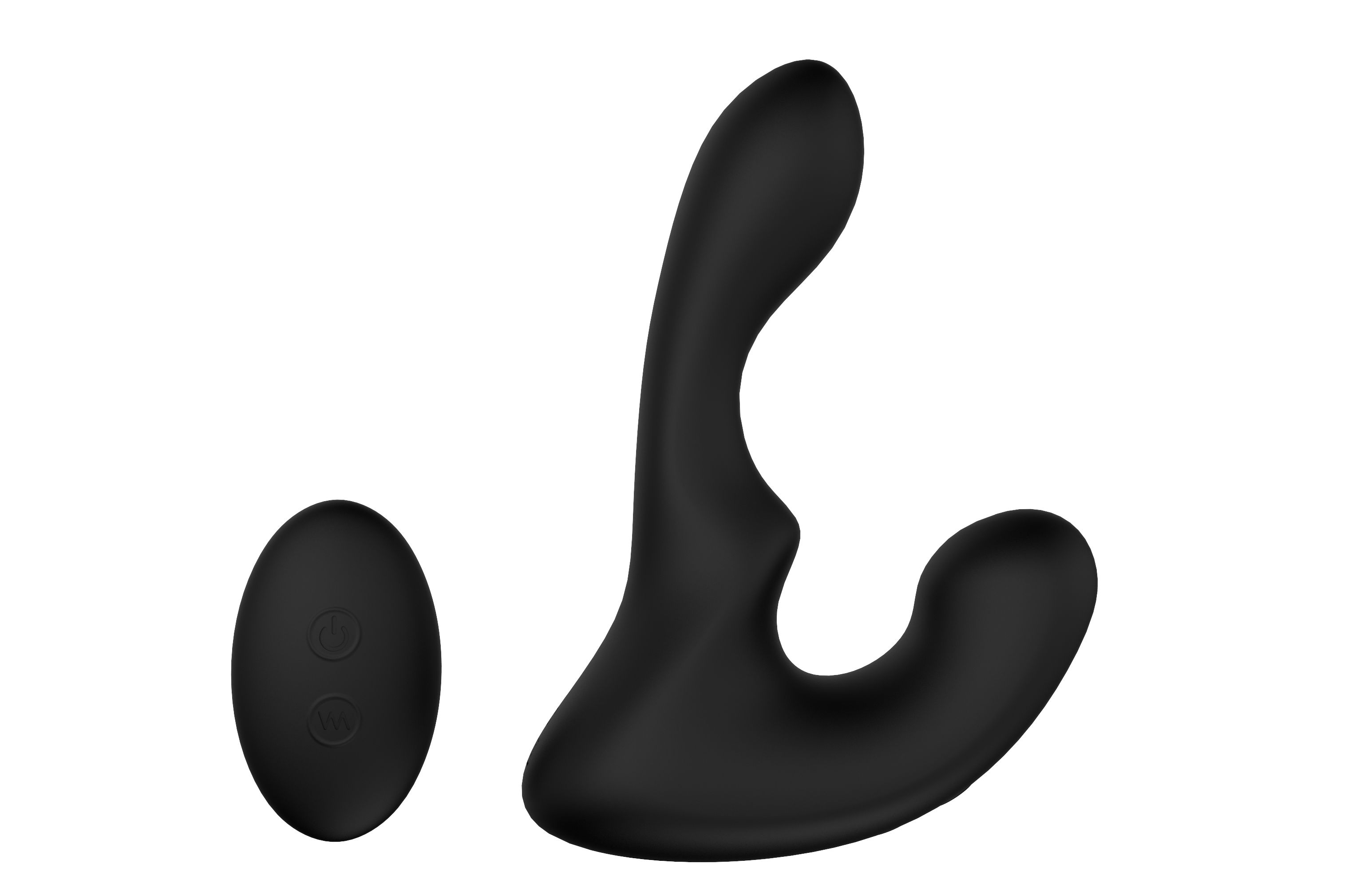 Schwarzer Vibrator und Fernbedienung. Beide Geräte sind nebeneinander angeordnet.