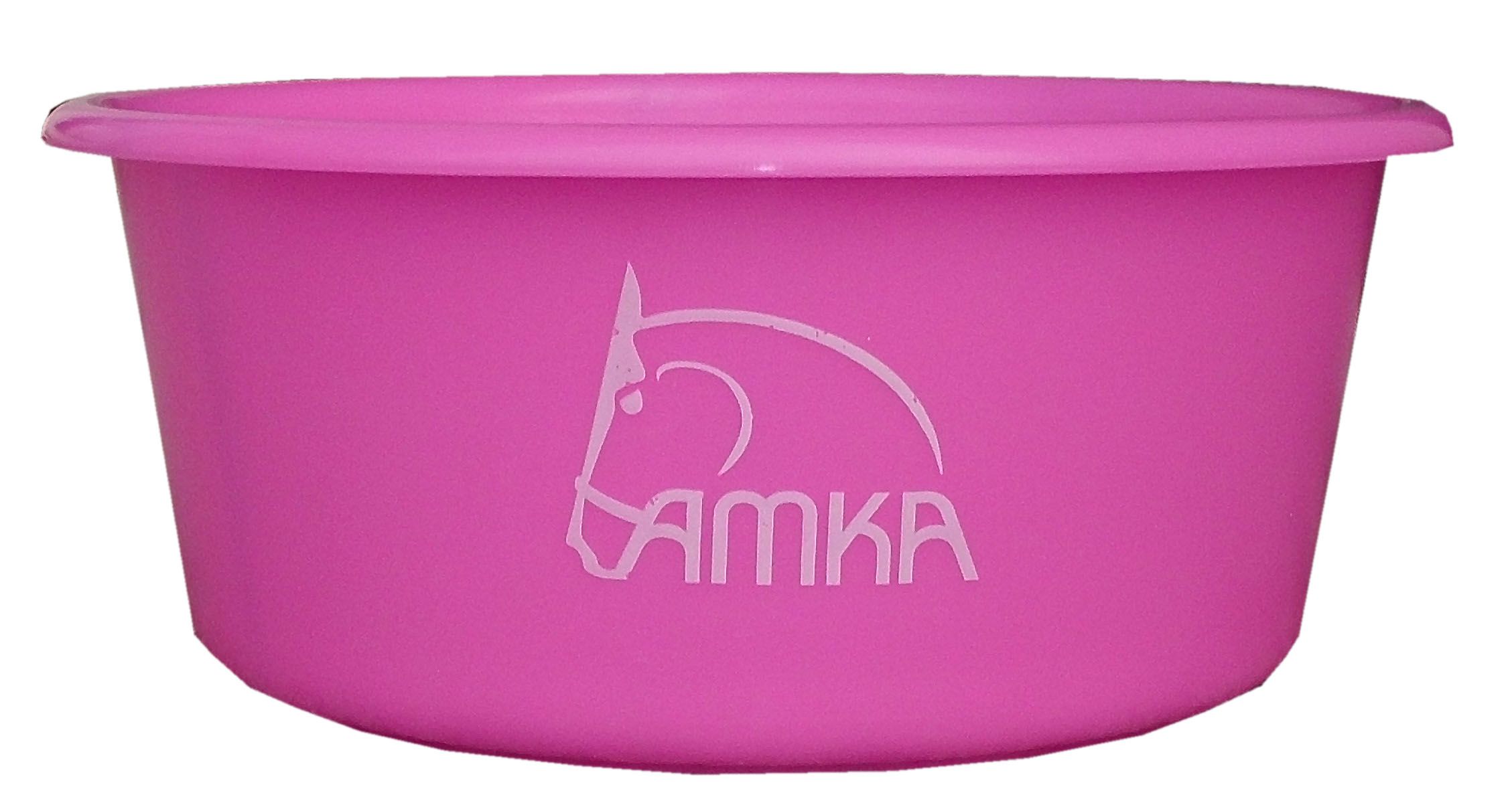 Pinke Futterschale ohne Deckel mit AMKA-Logo. Runde Form, erhöhter Rand.