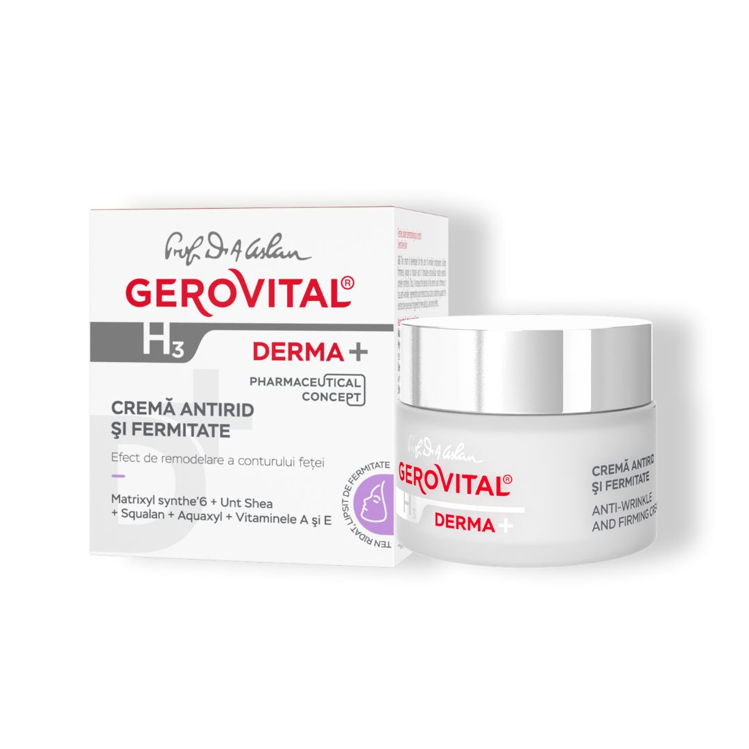 Creme-Tiegel und Verpackung. Aufschrift: Gerovital H3 Derma+. Creme gegen Falten und Festigkeit.