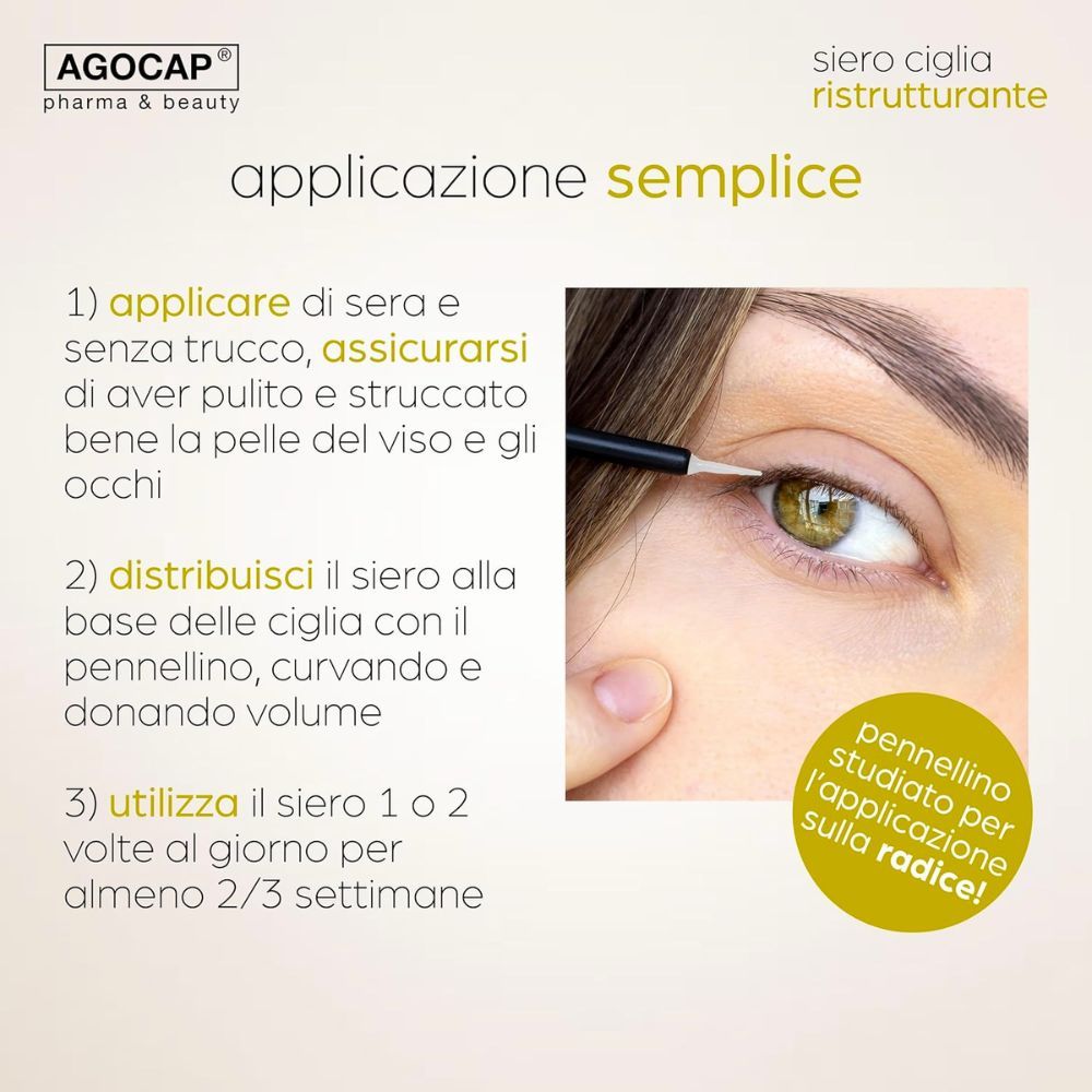 Anwendungshinweise. Text: Auftragen auf die Wimpernlinie. Agocap-Logo und Produktname.