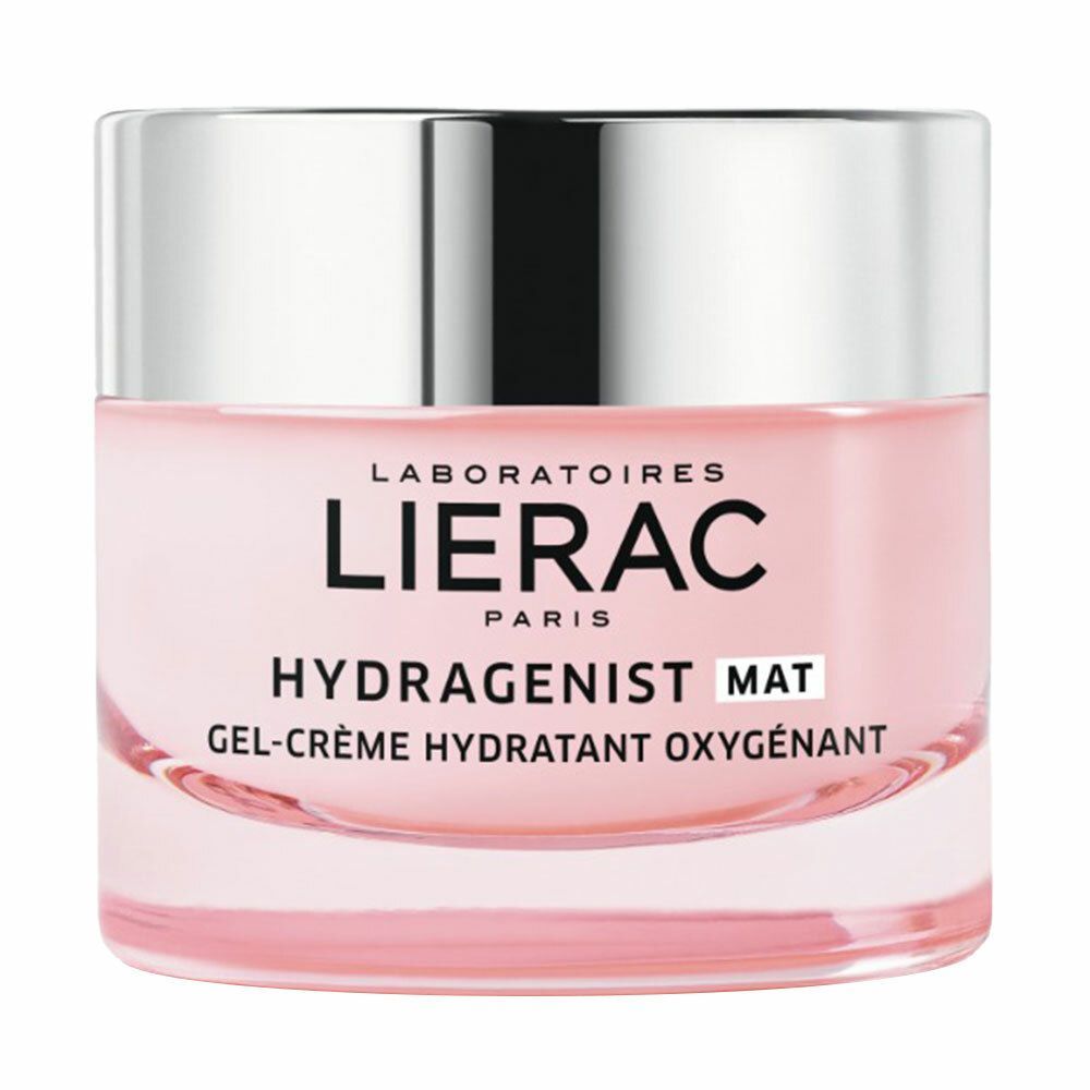 Rosa Creme-Tiegel mit silbernem Deckel. Aufschrift: LIERAC, HYDRAGENIST MAT, Gel-Crème Hydratant Oxygénant.
