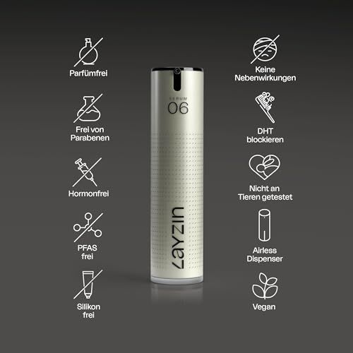 Serum 06. Flasche mit Symbolen: parfümfrei, ohne Parabene, hormonfrei, PFAS-frei, silikonfrei, keine Nebenwirkungen, nicht an Tieren getestet, vegan.