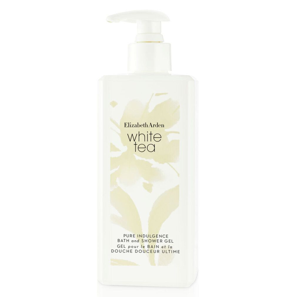 Weißes Duschgel mit Pumpverschluss. Aufschrift: Elizabeth Arden White Tea. 13 Fl.oz. 390ml.