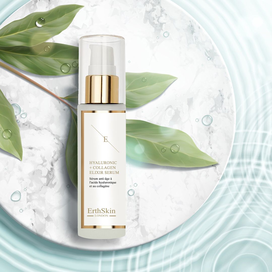Serum auf weißem Teller mit Blättern. Auf dem Serum steht: Hyaluronsäure + Kollagen Elixir Serum.