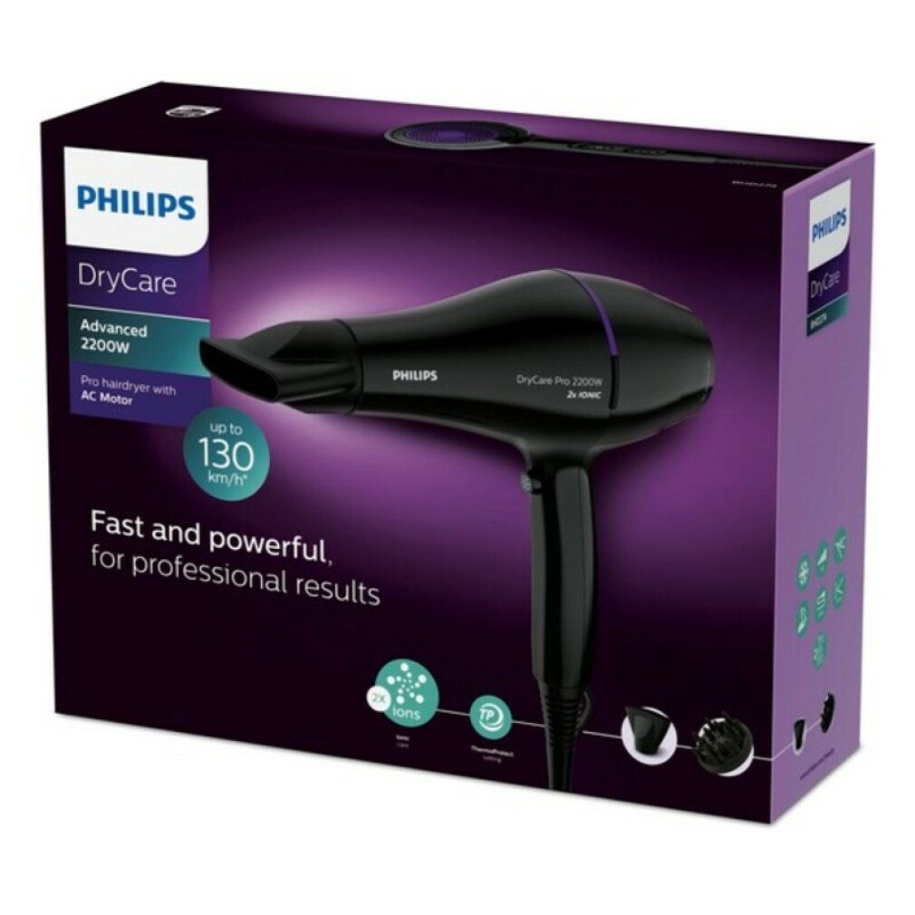 Verpackung des Haartrockners. Aufschrift Philips DryCare Advanced 2200W. Text: Fast and powerful, for professional results.