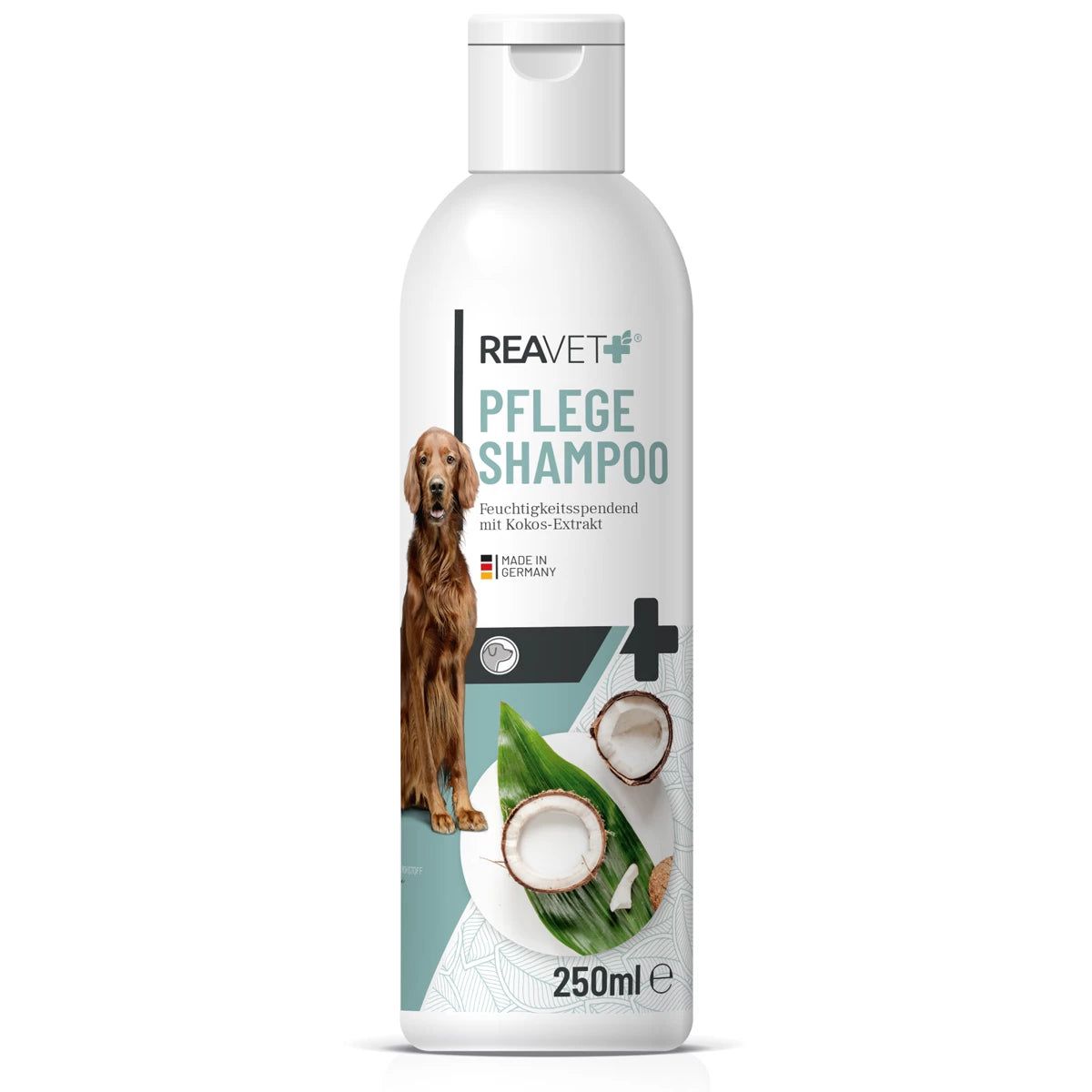 Weiße Flasche mit Etikett. Aufschrift: REAVET PFLEGE SHAMPOO. Abbildung eines Hundes, Kokosnuss und Blätter. Made in Germany. 250ml.