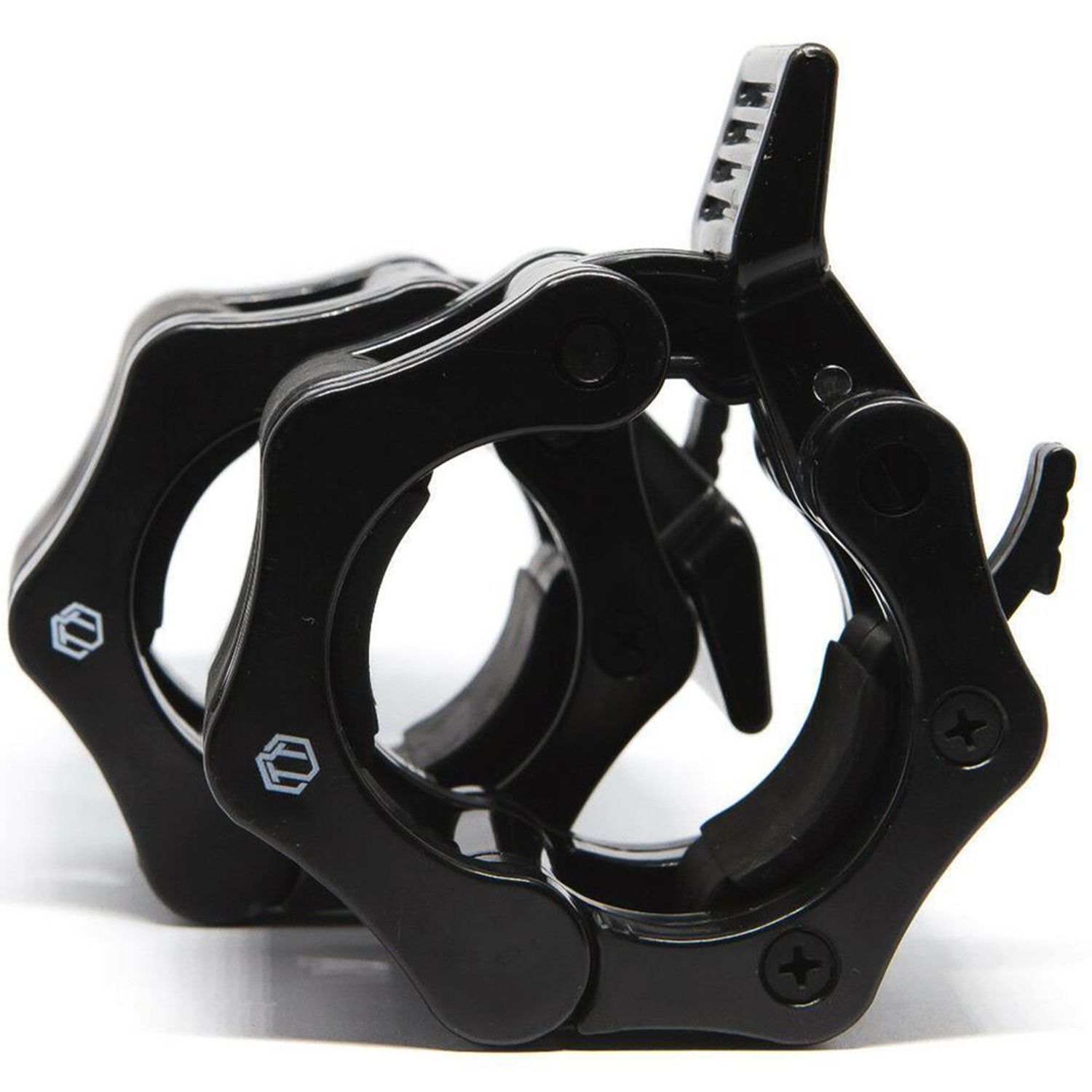 Zwei schwarze Schnellverschlüsse für Hantelstangen. Mit Hebelverschluss und Logo. Auf weißem Hintergrund.