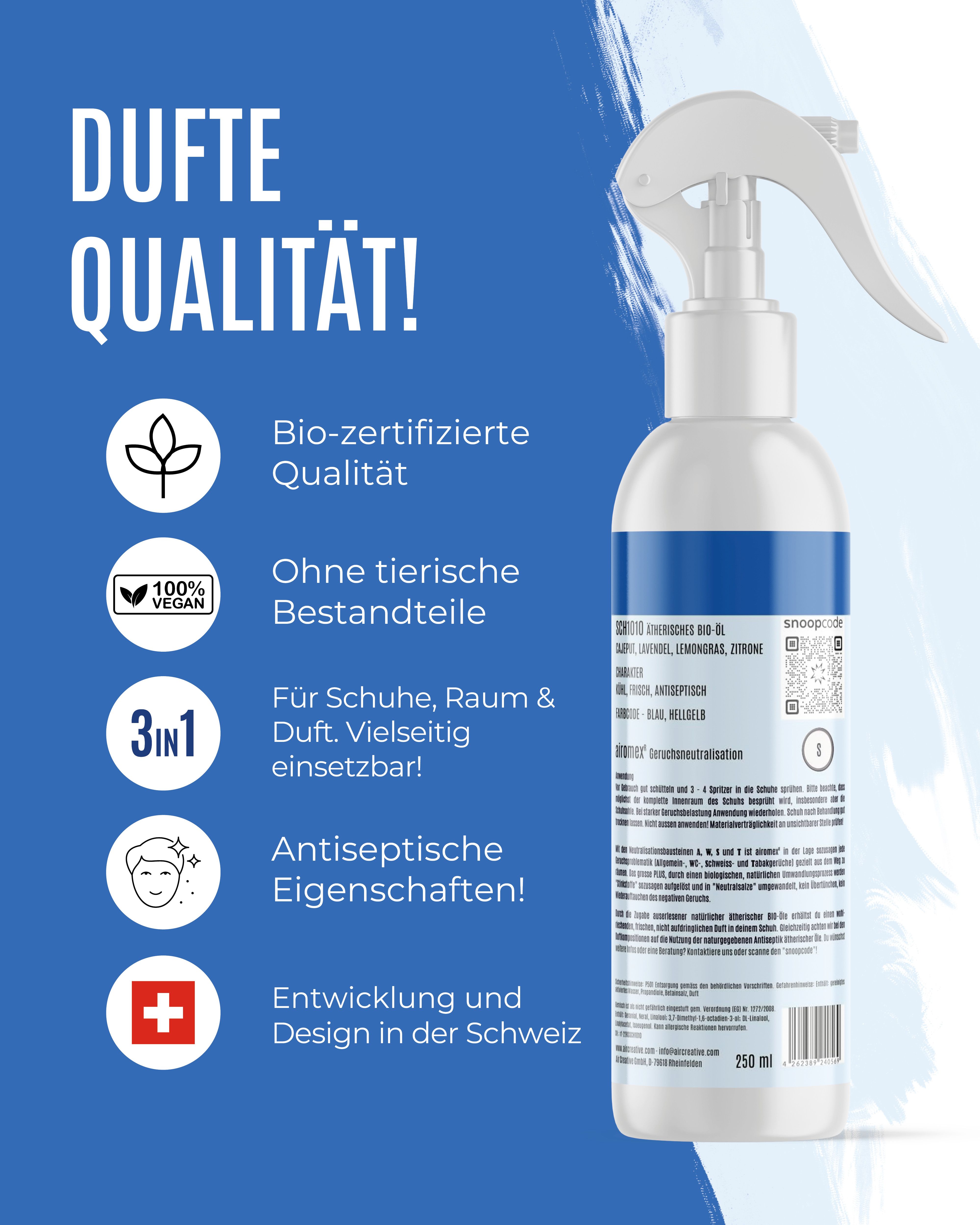 Blaues Bild mit Icons und Text. Aufschrift: Duftqualität! Bio-zertifiziert, vegan, 3in1, antiseptische Eigenschaften, Entwicklung in der Schweiz. Spray.