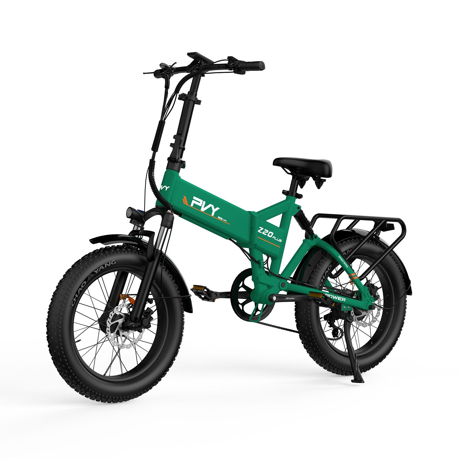 Grünes PVY Z20 Plus E-Bike mit Dreifachfederung. Schwarze Reifen, Gepäckträger und Sattel. Sichtbare Schriftzüge.