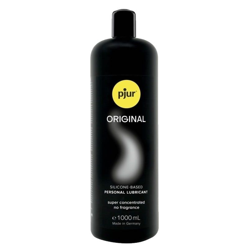 Schwarze Flasche mit gelbem Etikett. Aufschrift: pjur ORIGINAL, SILICONE-BASED PERSONAL LUBRICANT, super concentrated no fragrance.