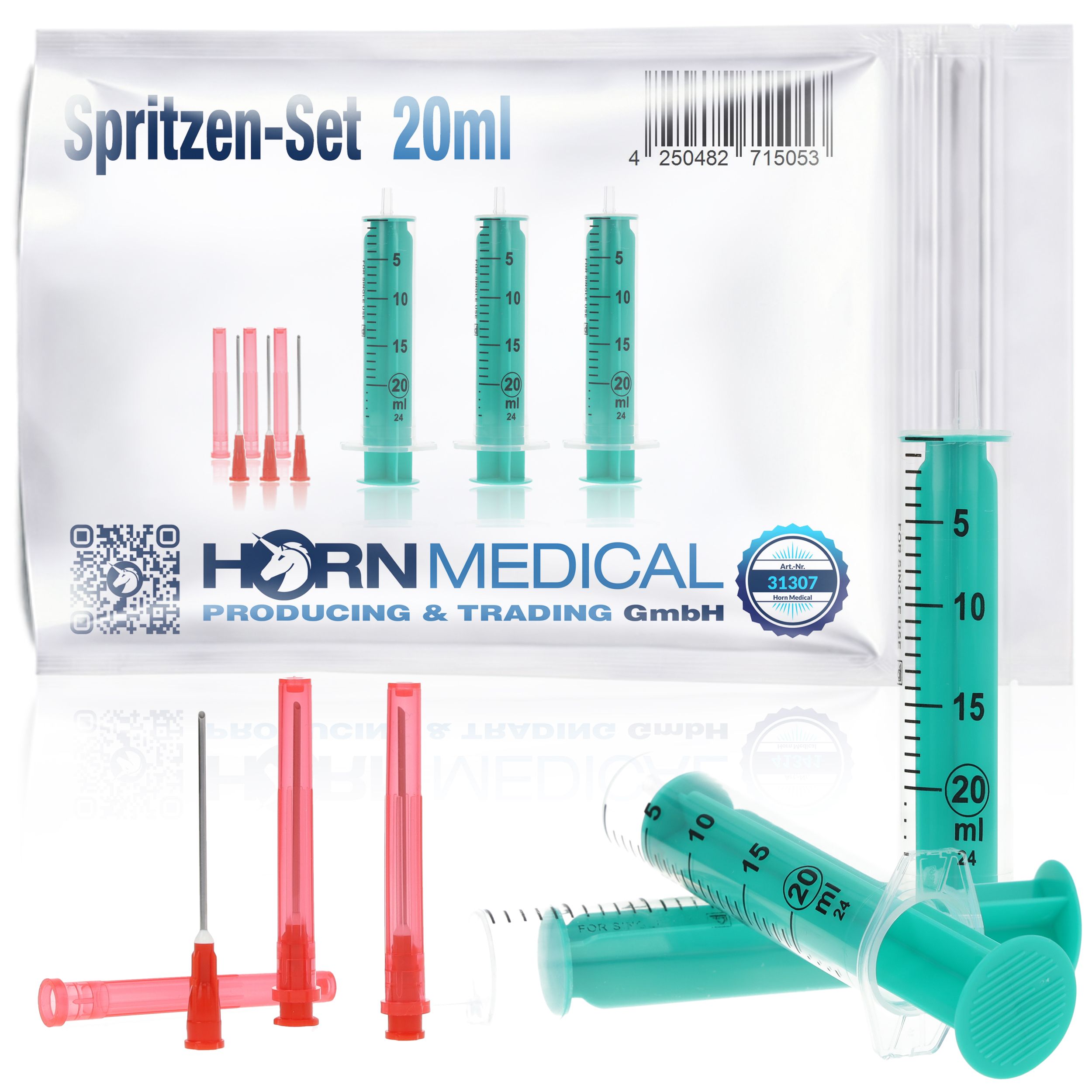 Spritzen-Set 20ml. Drei Spritzen, Nadeln und Verpackung. Marke Horn Medical. Grüne Skala, rote Nadeln.
