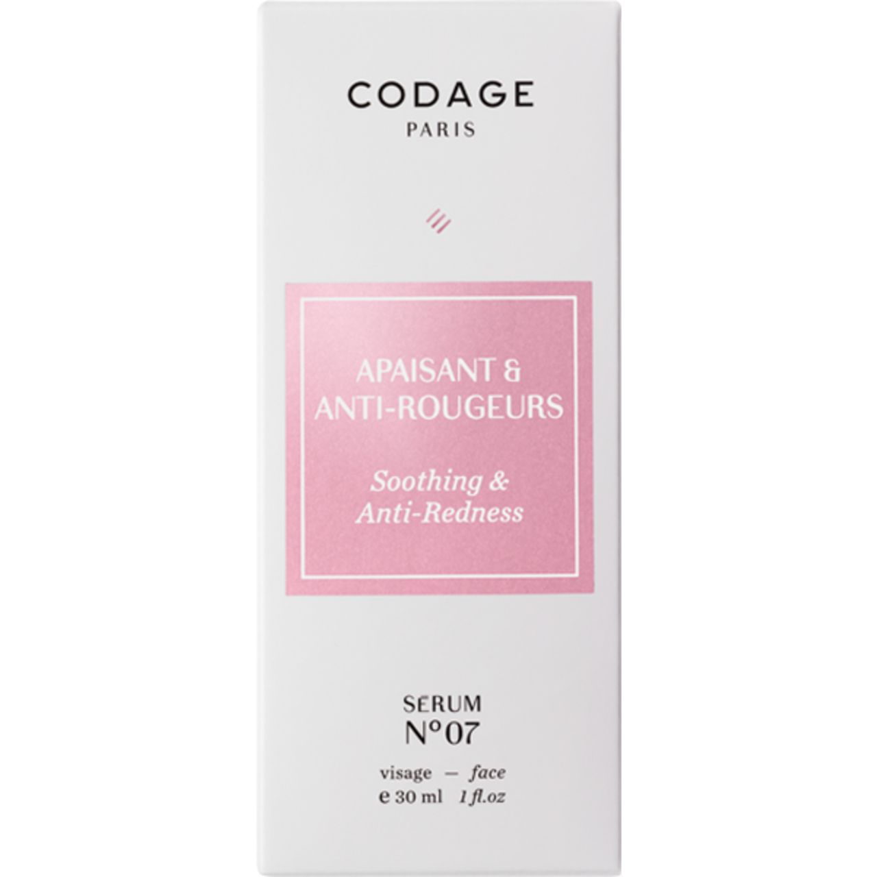 Verpackung mit Aufschrift: CODAGE, Sérum N 07 Apaisant & Anti-Rougeurs. Rosa Feld mit Text.