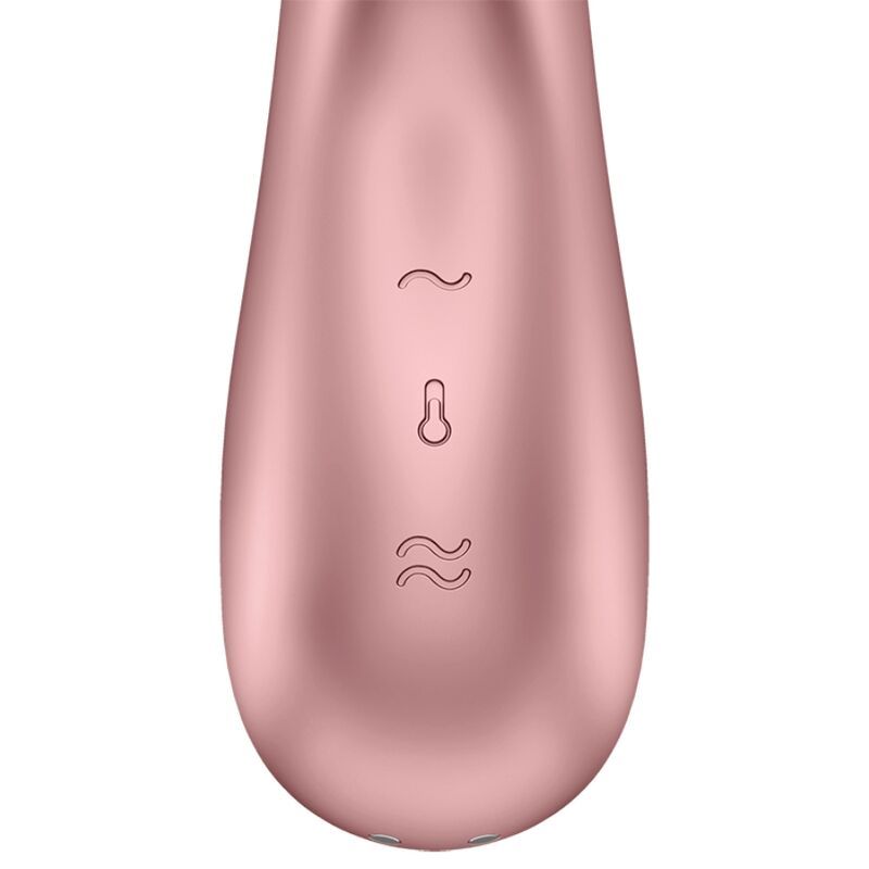 Rosa Vibrator. Detailansicht des Griffs. Drei Symbole: Wellen, Thermometer, Wellen.