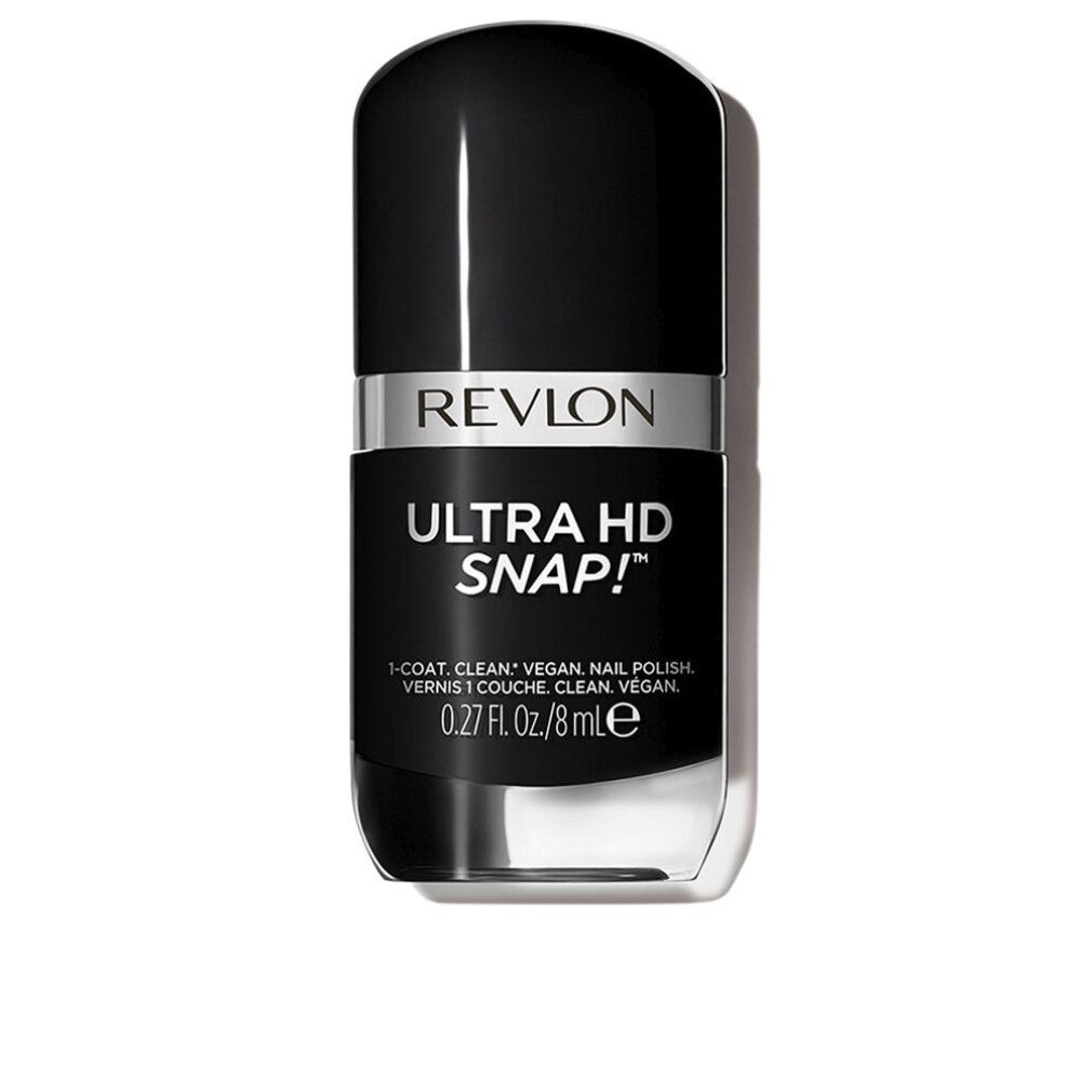 Revlon Ultra HD Snap! Nagellack. Schwarze Flasche mit silbernem Band. Text: Revlon, Ultra HD Snap!, 0.27 fl. oz./8 ml.