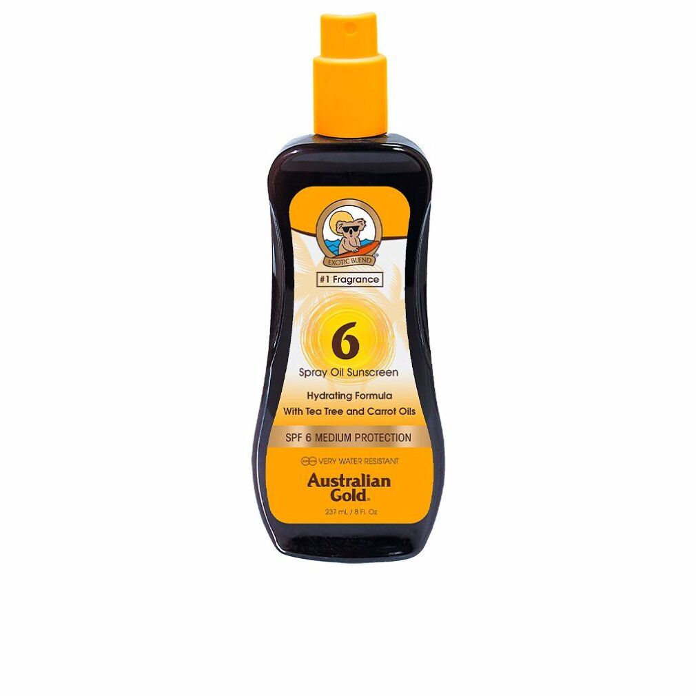 Braune Flasche mit gelbem Sprühkopf. Aufschrift: Spray Oil Sunscreen 6, Hydrating Formula, SPF 6, Australian Gold.