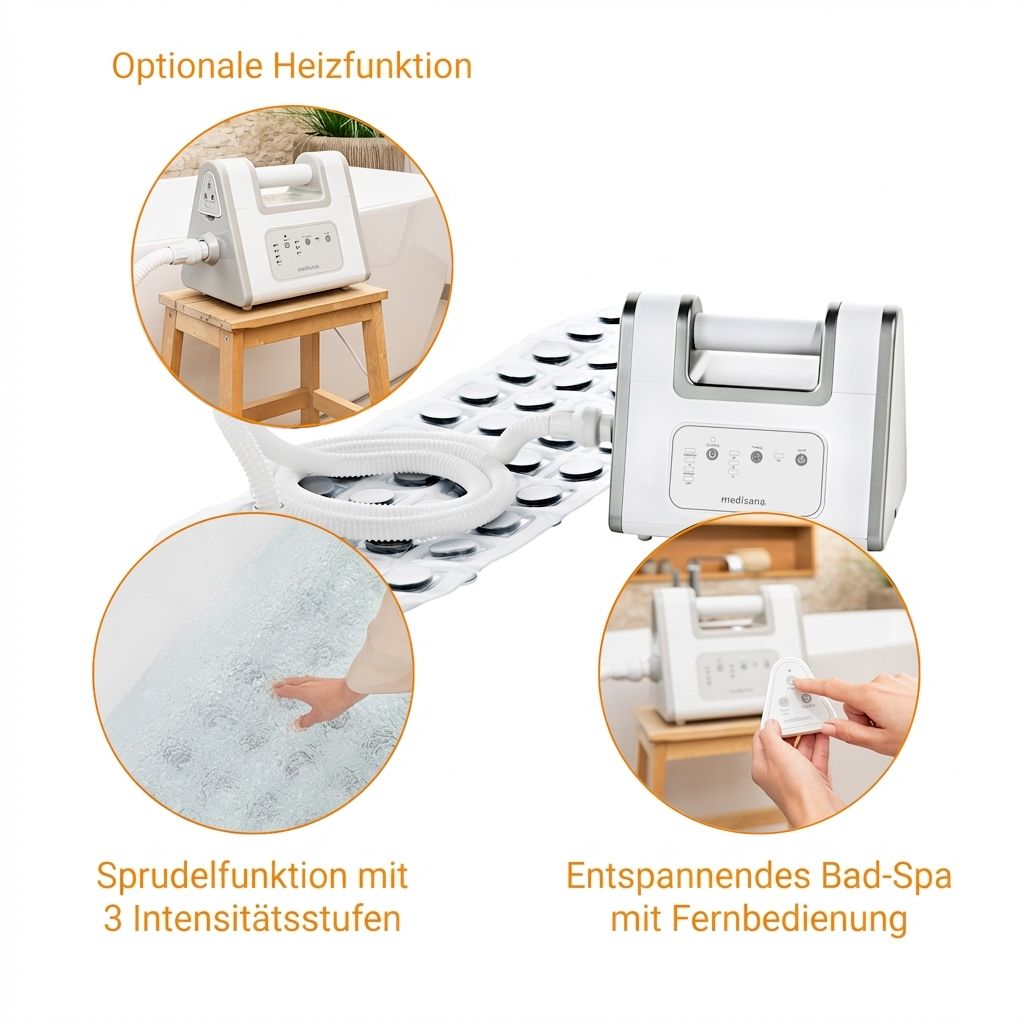 Luftsprudelbad-Set mit Matte, Gerät und Detailansichten: Heizfunktion, Sprudelintensität, Fernbedienung.