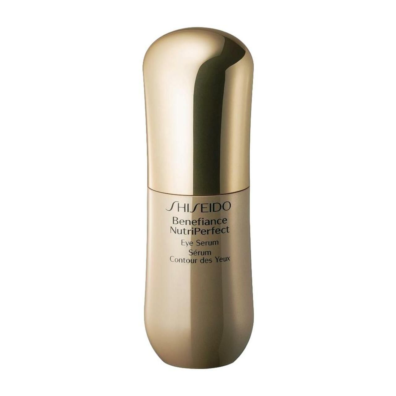 Goldfarbene Flasche mit Deckel. Beschriftung: Shiseido Benefiance NutriPerfect Eye Serum. Sérum Contour des Yeux.