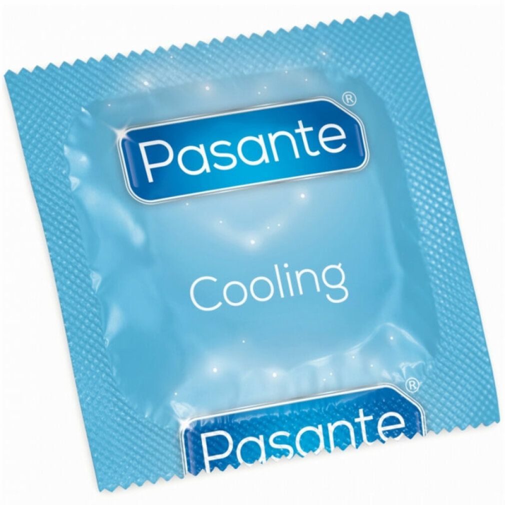 Einzelverpackung eines Kondoms. Pasante Cooling, blaue Verpackung. CE-Zeichen.