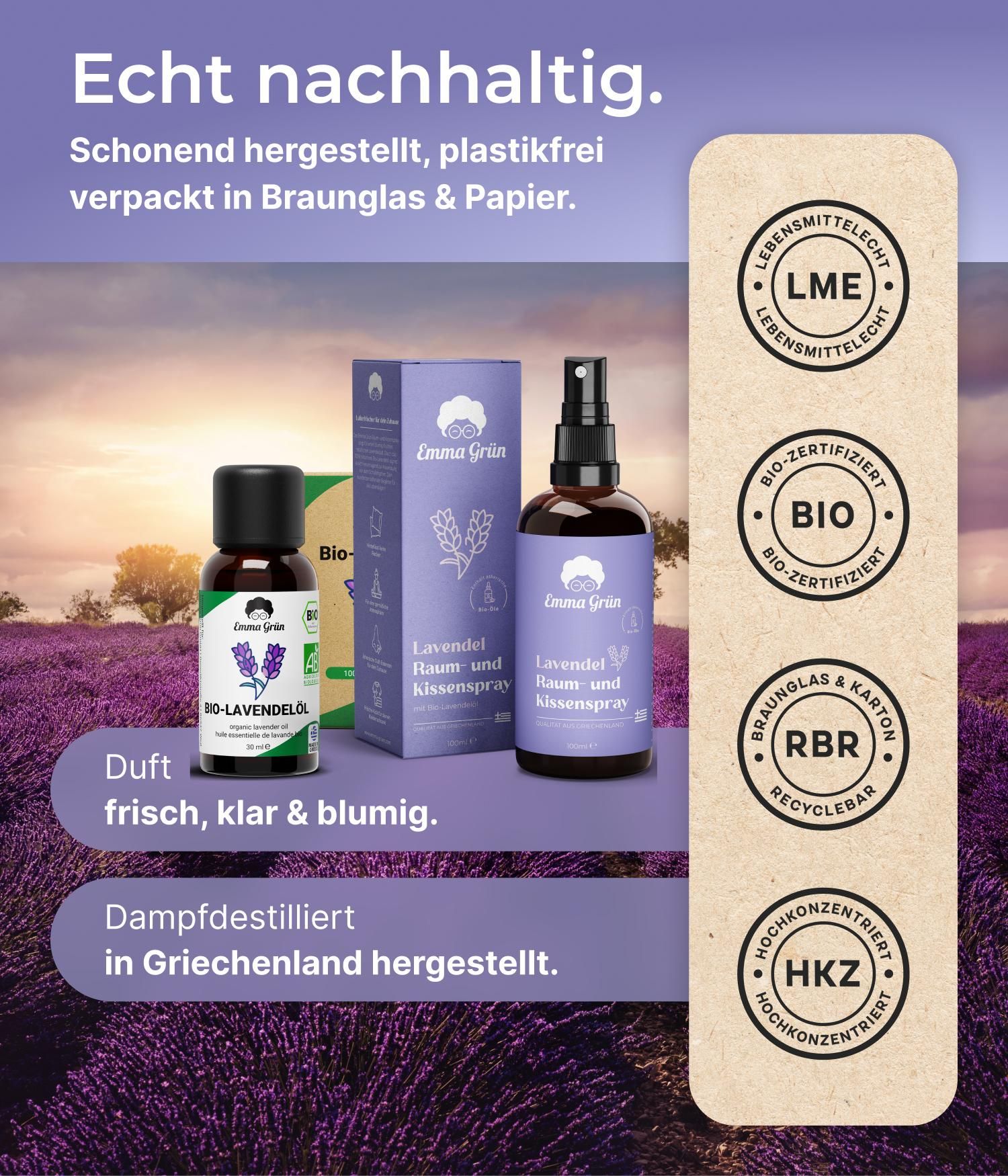 Produkt-Set: Ölflasche, Sprayflasche, Karton. Bio-Zertifizierungen. Verpackung aus Braunglas & Papier. Nachhaltig.