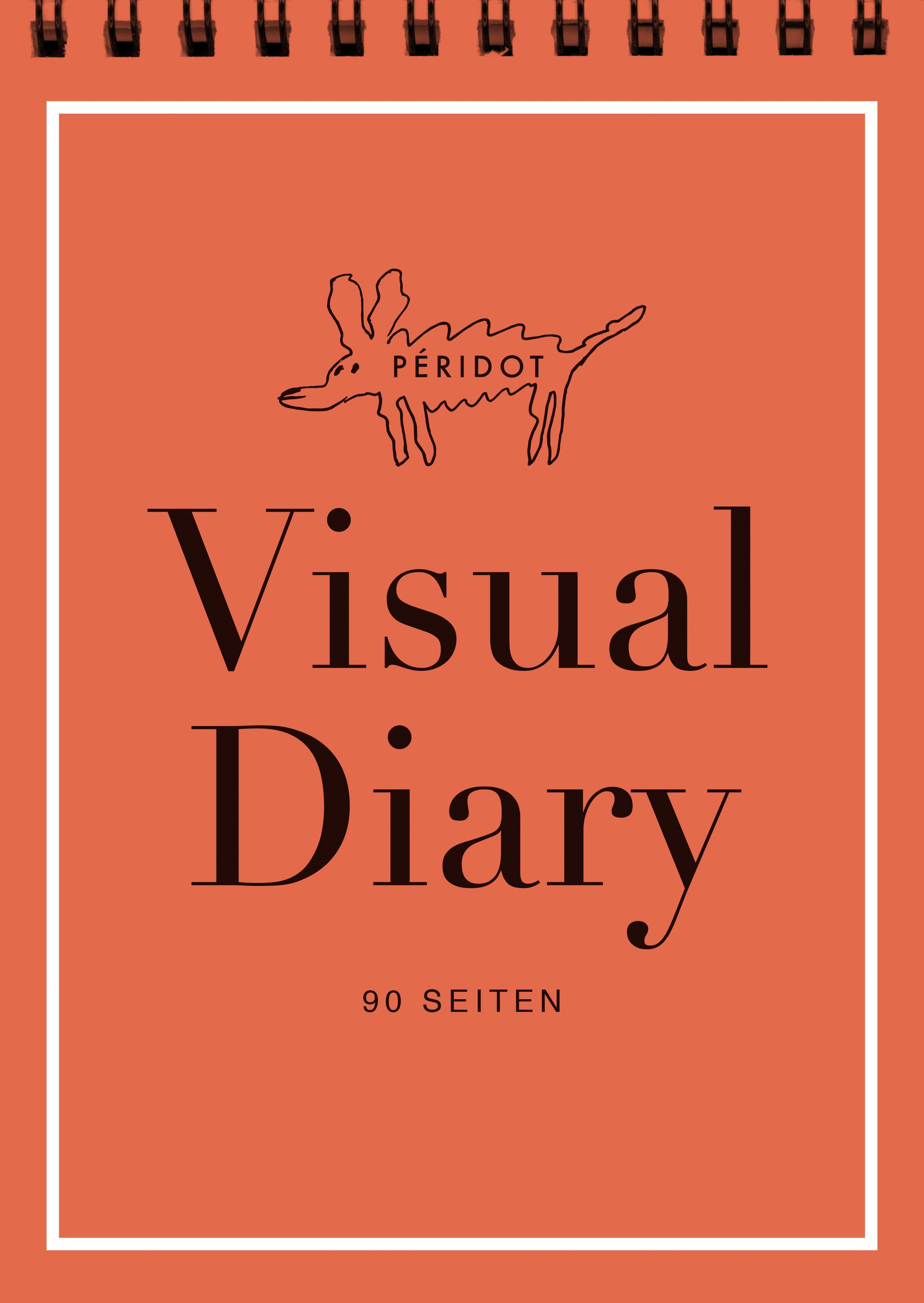 Notizbuch mit Spiralbindung. Auf orangefarbenem Hintergrund steht "Visual Diary" und "90 Seiten". Logo mit Hund.