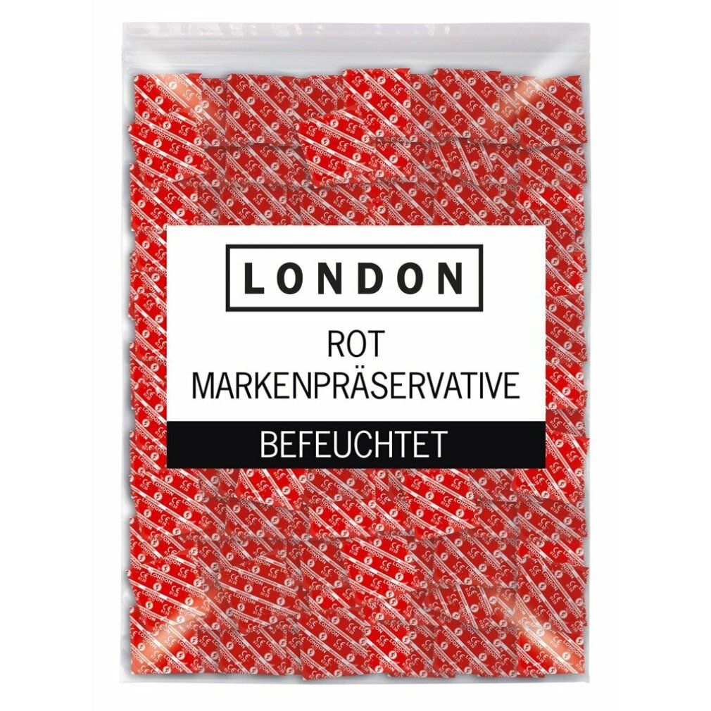 Verpackung mit vielen roten Kondom-Päckchen. Aufschrift: LONDON ROT MARKENPRÄSERVATIVE BEFEUCHTET.