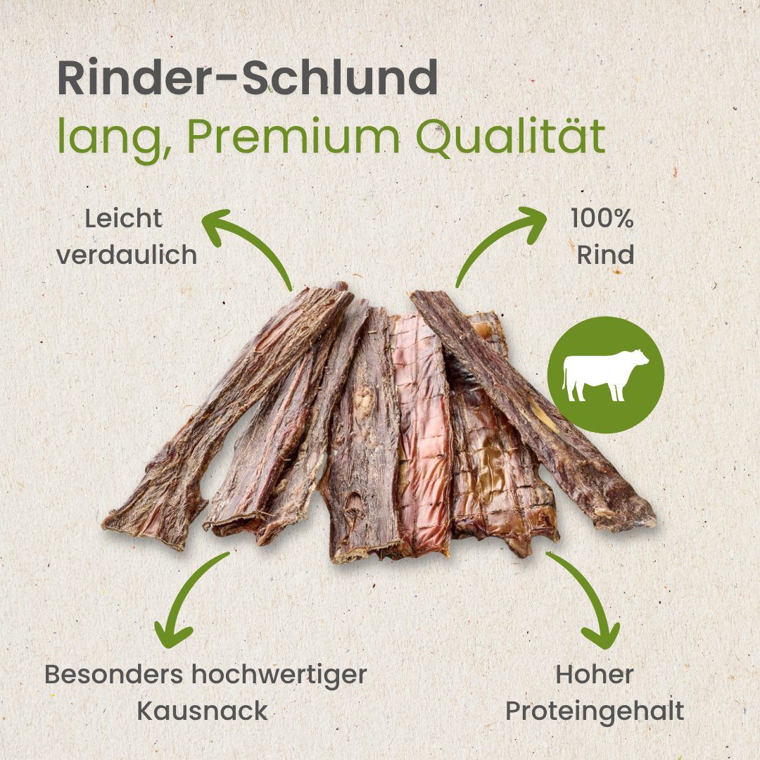 Getrocknete Rinder-Schlund-Streifen mit Informationen zu Größe und Beschaffenheit.