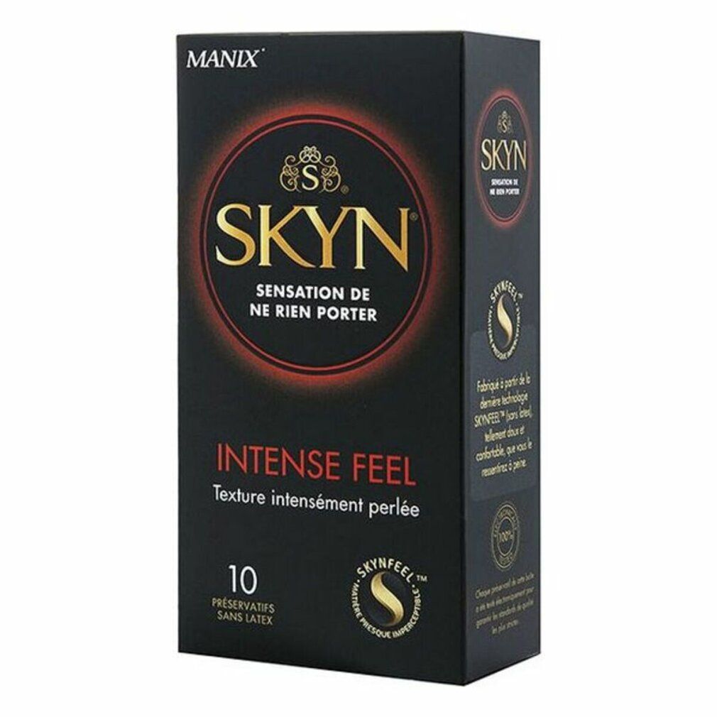 Schwarze Schachtel mit SKYN-Logo und Text. Enthält 10 Kondome. Aufschrift: Intense Feel, Textur intensément perlée.