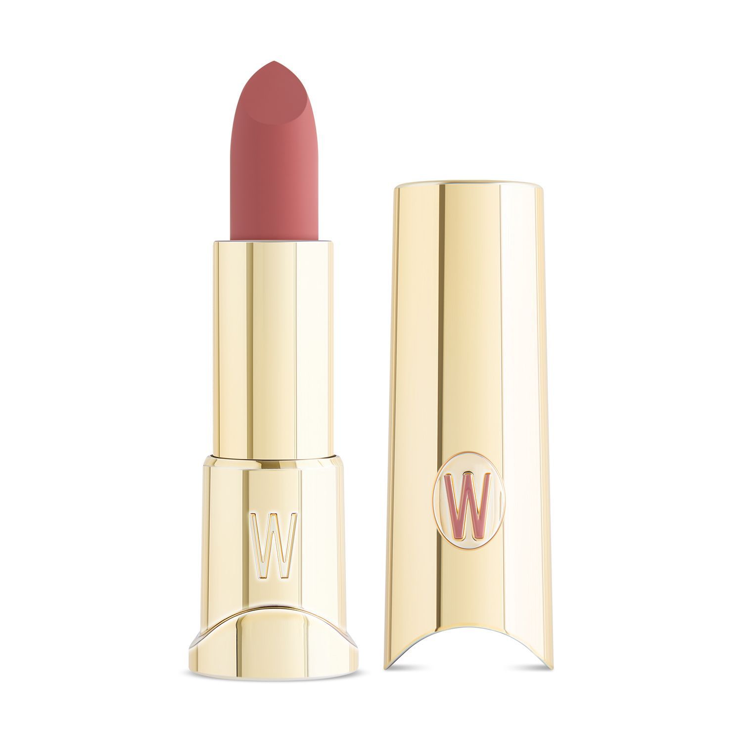 Rossetto aperto. Astuccio dorato, punta rossetto rosa. Marchio: WYCON cosmetics. Prodotto: Matt About You.