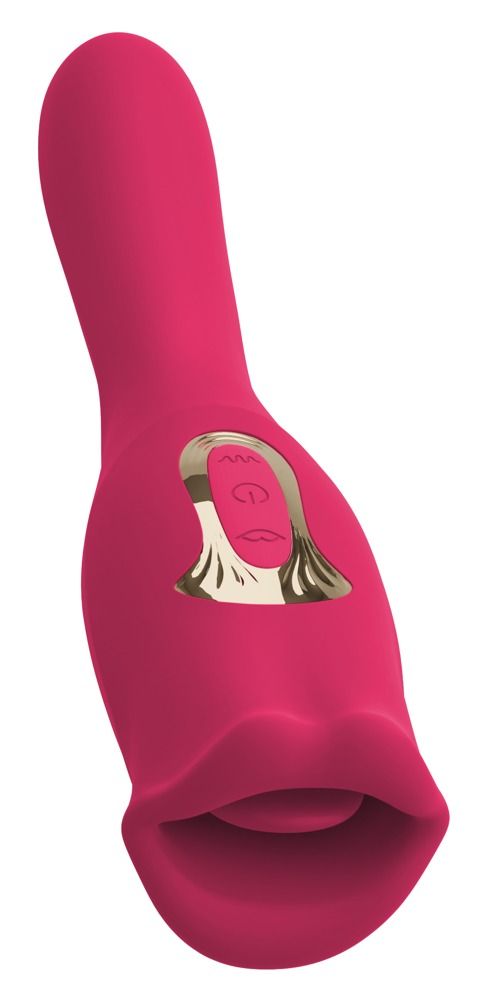 Rosa Vibrator mit Lippenform. Goldfarbene Bedienelemente. Längliche Form mit abgerundetem Ende.