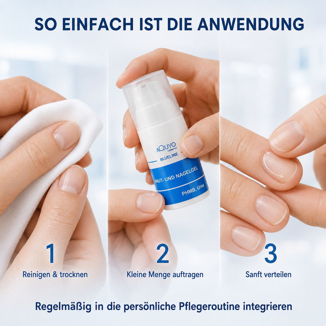 Schritt-für-Schritt-Anleitung zur Anwendung des Haut- und Nagelgels: Reinigen, Auftragen, Verteilen.