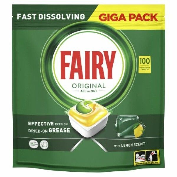 Eine grüne Fairy Original All in One Spülmaschinentabs-Verpackung. Auf der Verpackung steht 'FAST DISSOLVING' und 'GIGA PACK'. Das Produkt ist 'ORIGINAL' mit '100' Tabs und 'Zitrone'. Ein gelbes Tab-Design ist abgebildet.