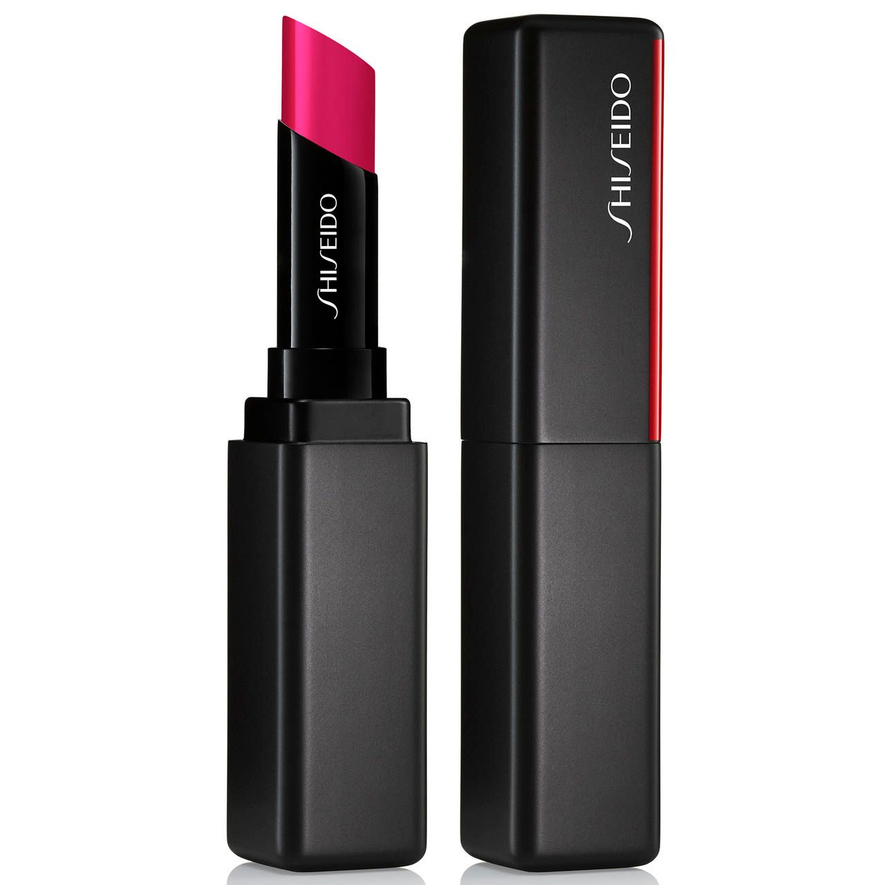 Lippenstift, pinkfarben. Schwarze, rechteckige Hülle mit rotem Akzent und Shiseido-Logo. Geöffnet und geschlossen.