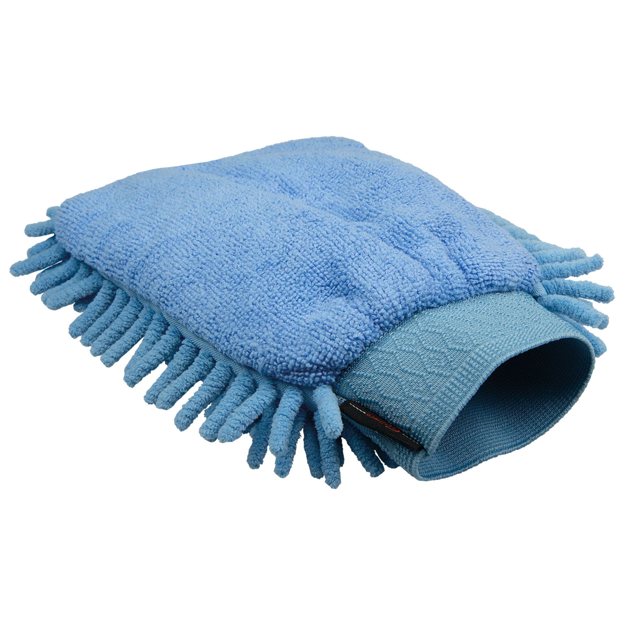 Hellblauer Waschhandschuh aus Mikrofaser mit Fransen und Manschette. Der Handschuh liegt flach.
