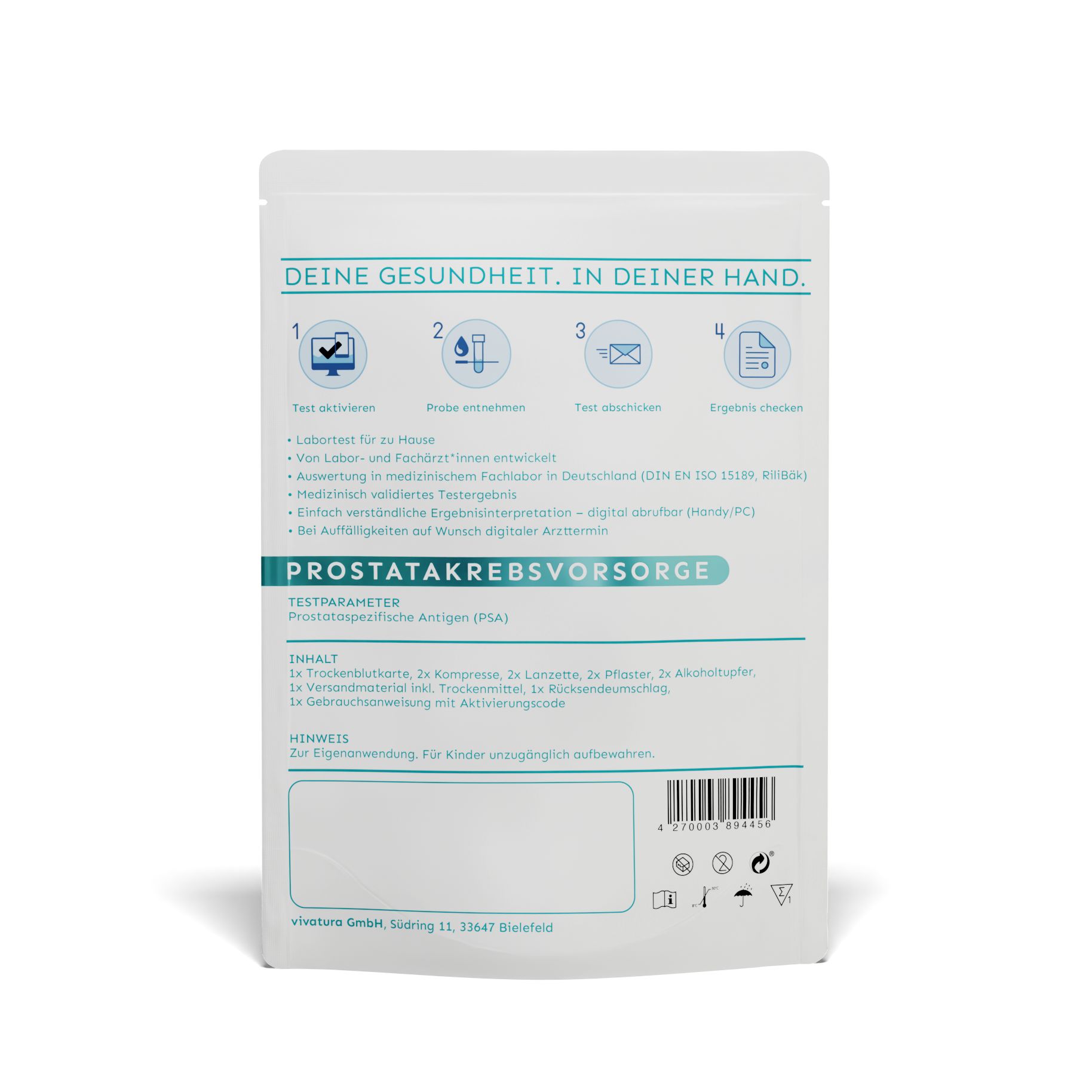 Rückseite der Verpackung mit Text: DEINE GESUNDHEIT. IN DEINER HAND. Illustrationen und Text zu Testschritten und Inhalt.