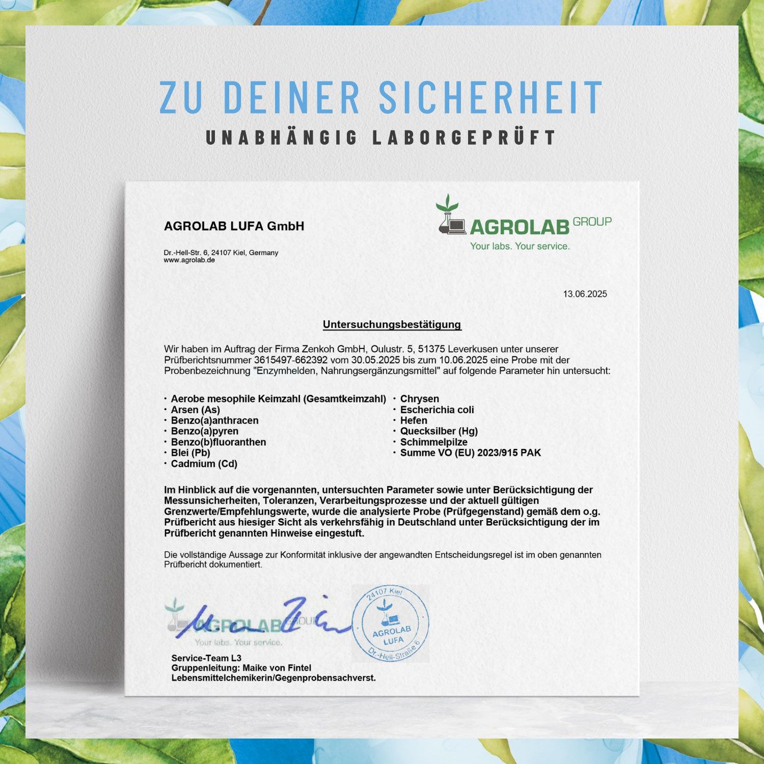 Zertifikat von AGROLAB LUFA GmbH. Unterschriftsbestätigung. Auflistung von untersuchten Parametern, u.a. Arsen, Cadmium, Quecksilber.