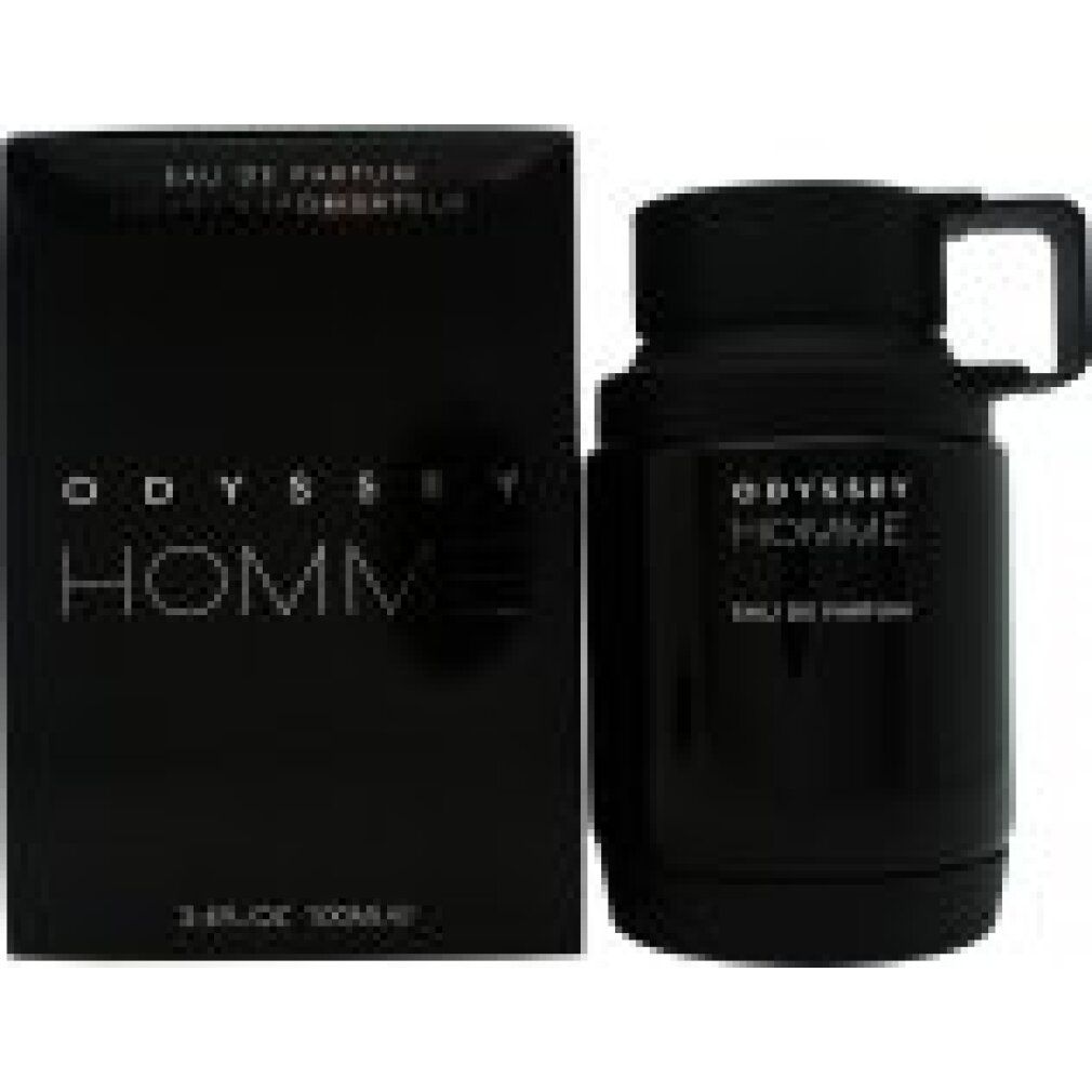 Schwarze Flasche und Verpackung. Aufschrift: Odyssey Homme Eau de Parfum. Flasche mit Griff. Verpackung mit Text.