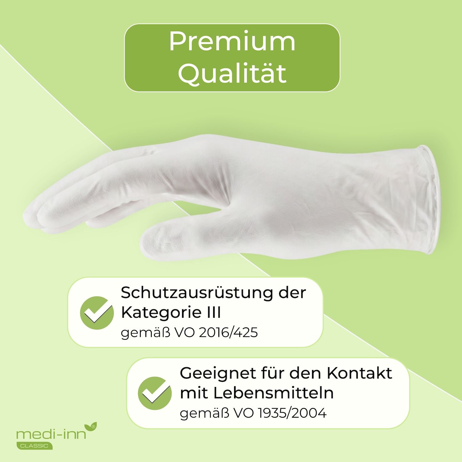 Weiße Nitrilhandschuhe, Premium Qualität. Schutz nach Kat. III, für Lebensmittelkontakt geeignet.