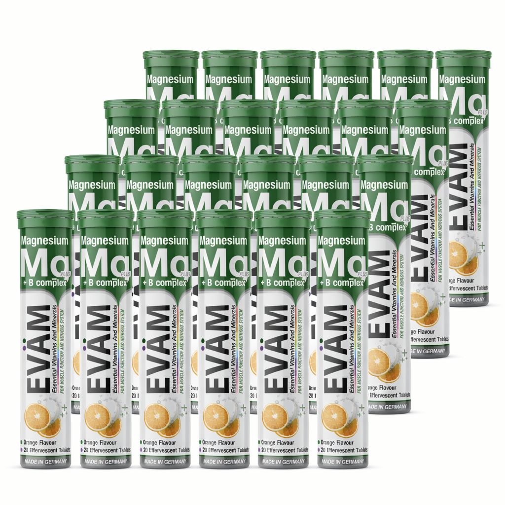 Mehrere Tuben EVÄM Magnesium + B Komplex Brausetabletten. Jede Tube enthält Tabletten. Orange-Geschmack. Made in Germany.