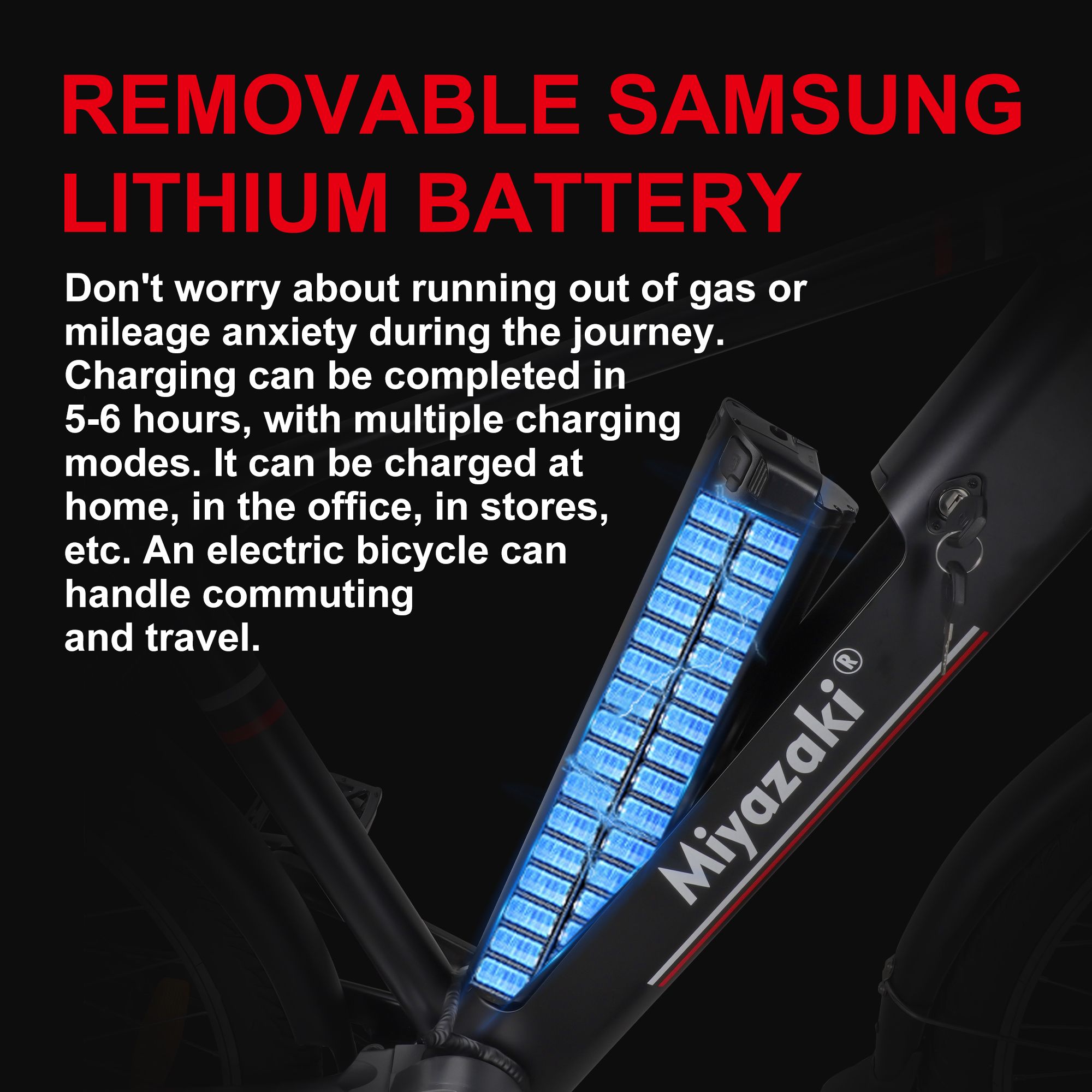 Nahaufnahme des Akkus eines Elektrofahrrads. Text: Herausnehmbarer Samsung Lithium-Akku, Aufladen in 5-6 Stunden.