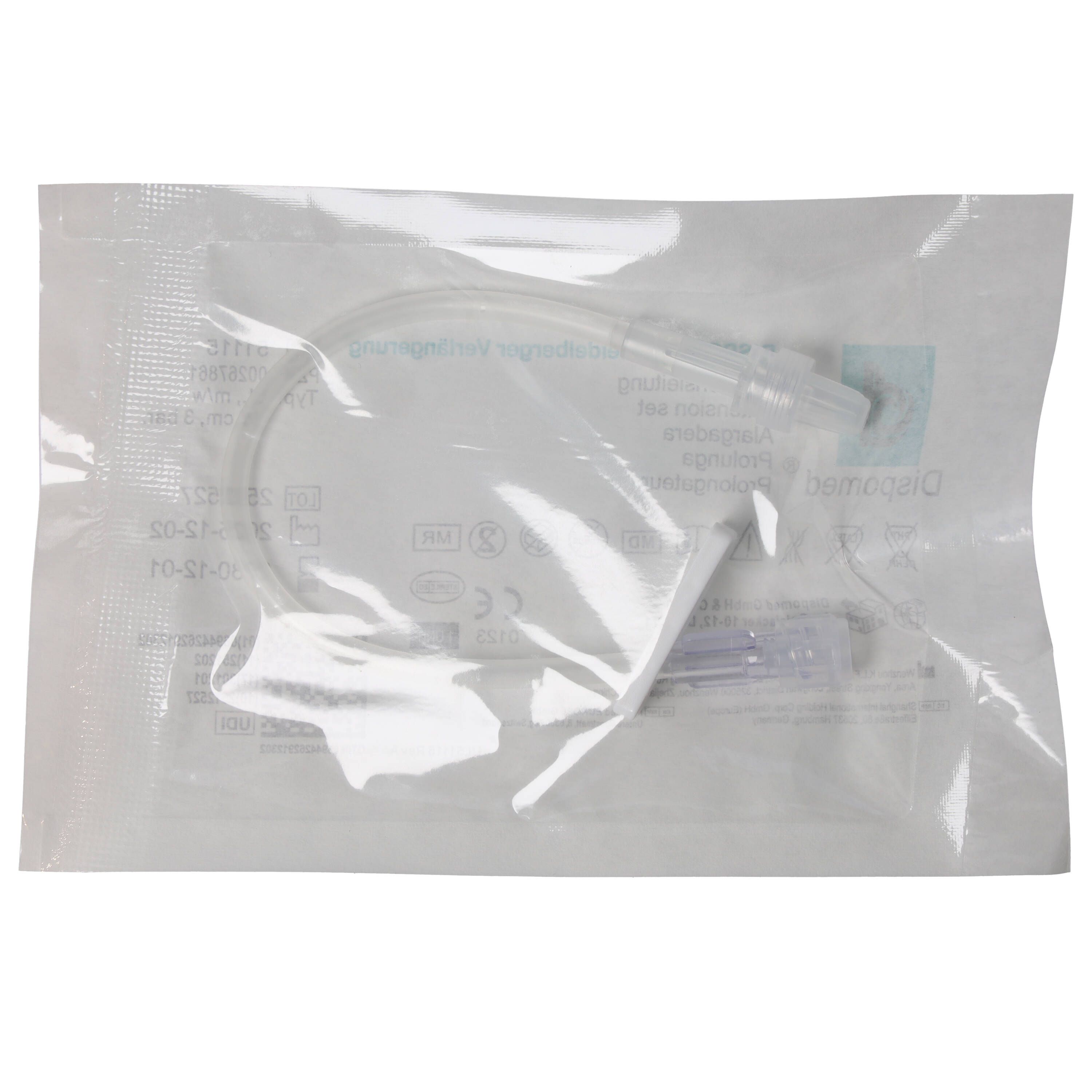 Verpackte Verlängerungsschläuche. Transparentes Material. Sichtbare Anschlüsse.