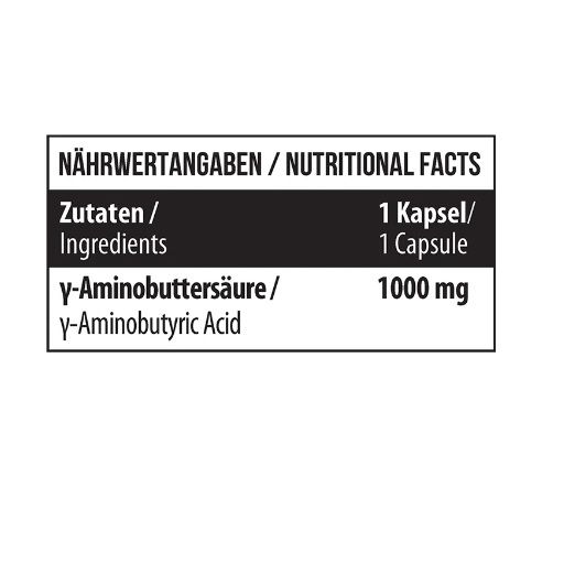 Schwarze Tabelle mit weißen Buchstaben. Enthält Nährwertangaben. Zeigt Zutaten und Menge pro Kapsel: 1000 mg y-Aminobuttersäure.