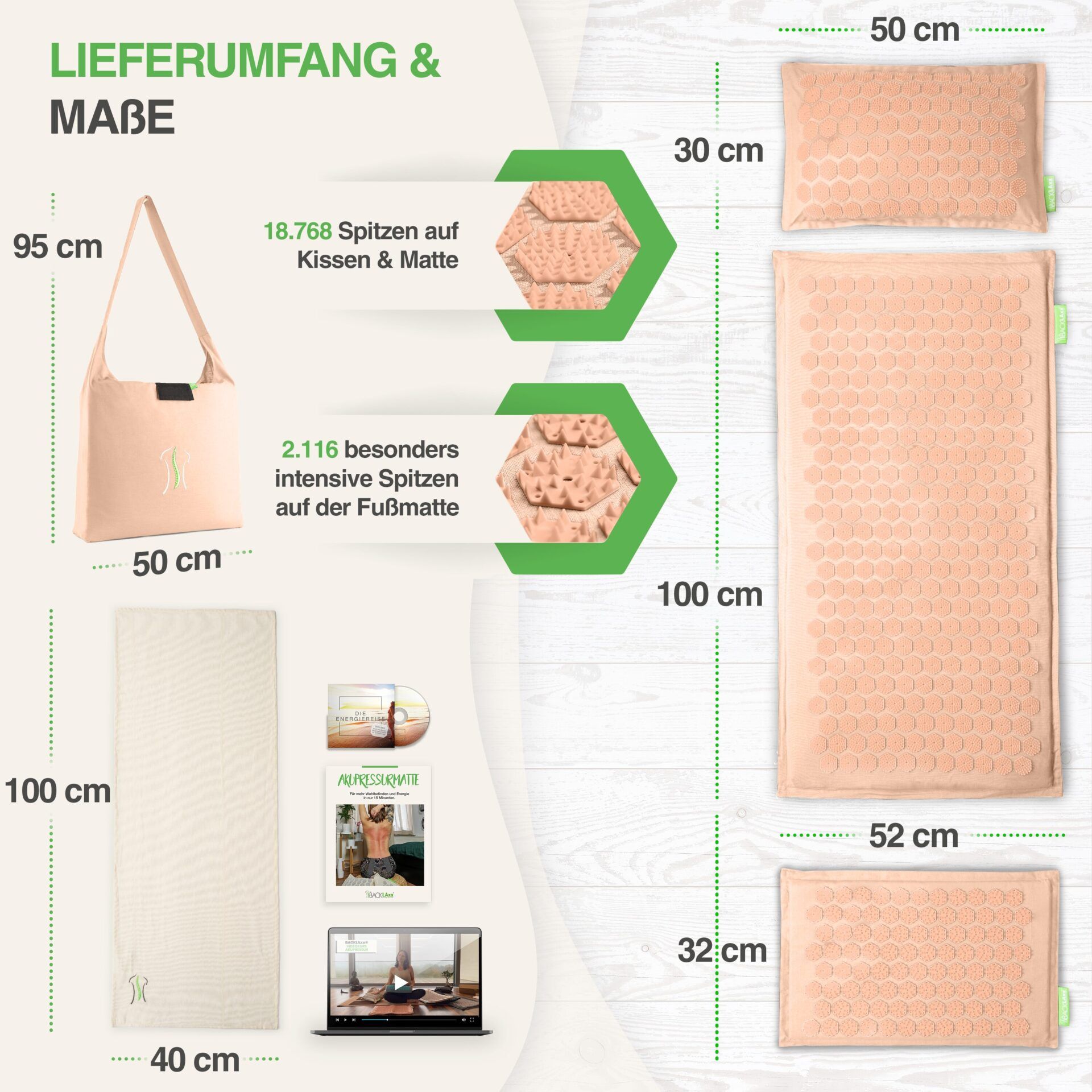 Akupressurmatten-Set mit Maßen. Matte: 100x50cm. Kissen: 30x50cm. Fußmatte: 52x32cm. Tragetasche: 95x50cm.
